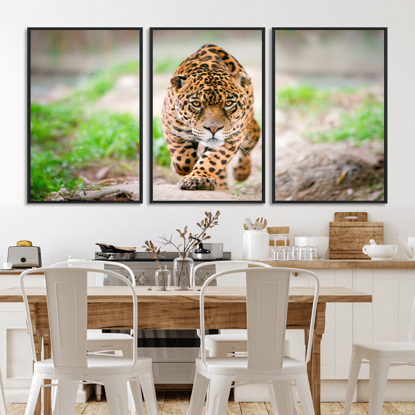 75066-MGV-FC-60X30-3P_Black-Leopard Wall Art Canvas Print, Framed Wild Animal Art Picture Print, Blue Eye Leopard Perfect Wild Minimal Decor Artwork