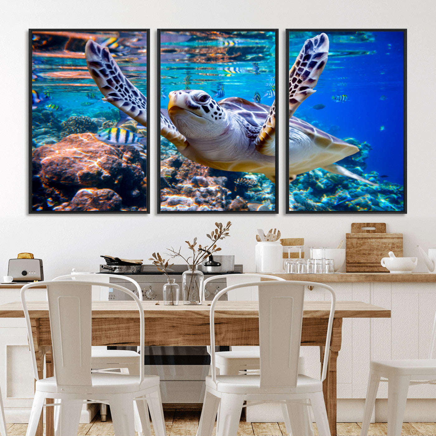 12683-MGV-FC-60X30-3P_Black-Sea Turtle Wall Art – Graceful Ocean Canvas Print with Coral Reef and Tropical Fish, Coastal Marine Life Decor for Beach House,