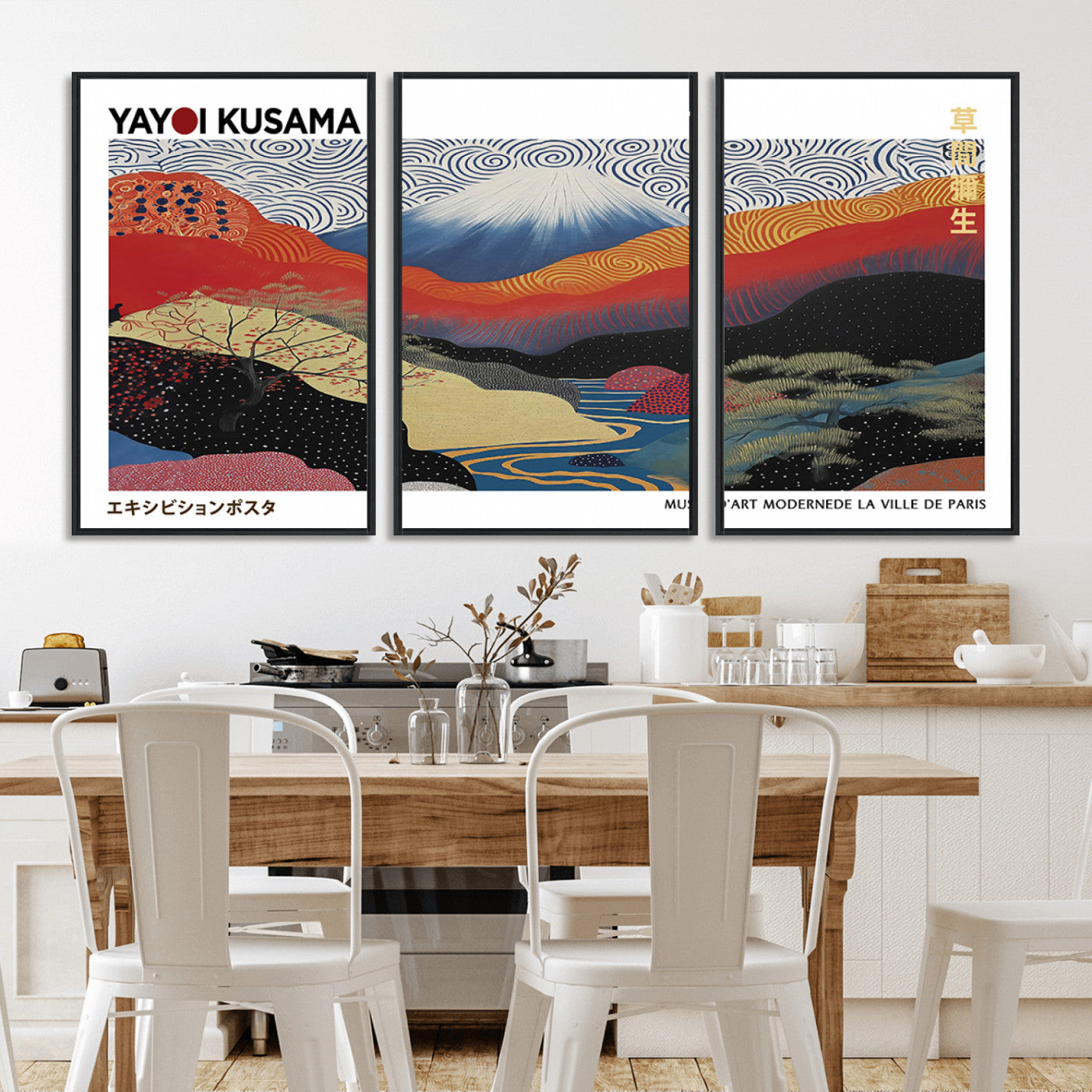 14839-MGV-CV-36X24-Yayoi Kusama Wall Art – Panoramic Mountain & River Canvas Print, Modern Abstract Japanese Landscape Decor for Living Room or