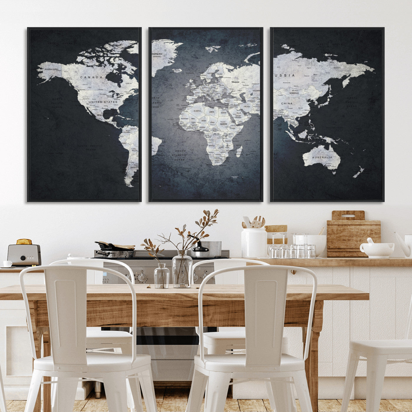 19124-MGV-FC-60X30-3P_Black-Modern World Map Wall Art – Black and White Canvas Print, Minimalist Global Map Decor for Office, Study, Bedroom or Living Room