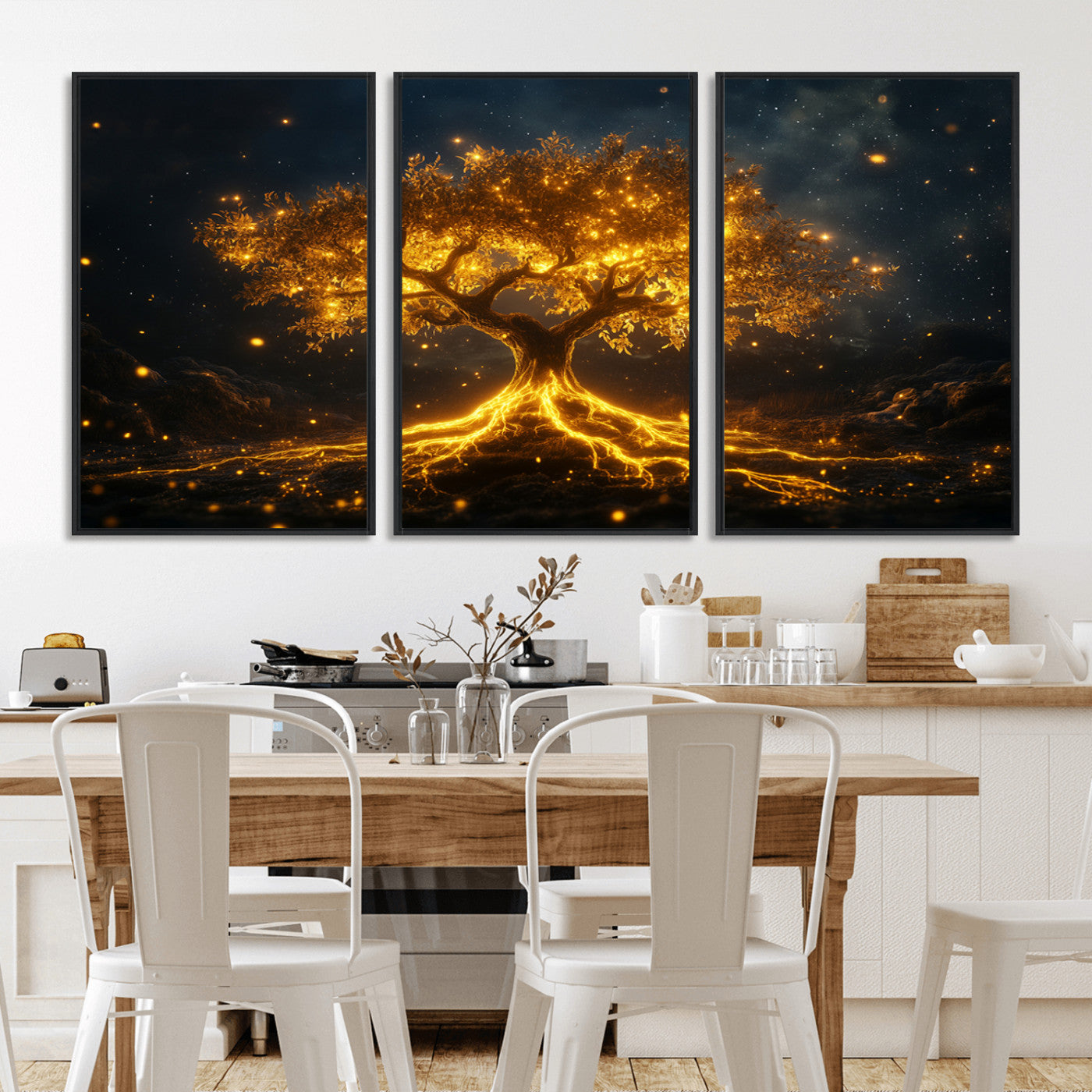 60194-MGV-CV-36X24-Glowing Tree Wall Art – Golden Roots Fantasy Canvas Print, Mystical Illuminated Tree Painting Poster for Living Room, Bedroom,