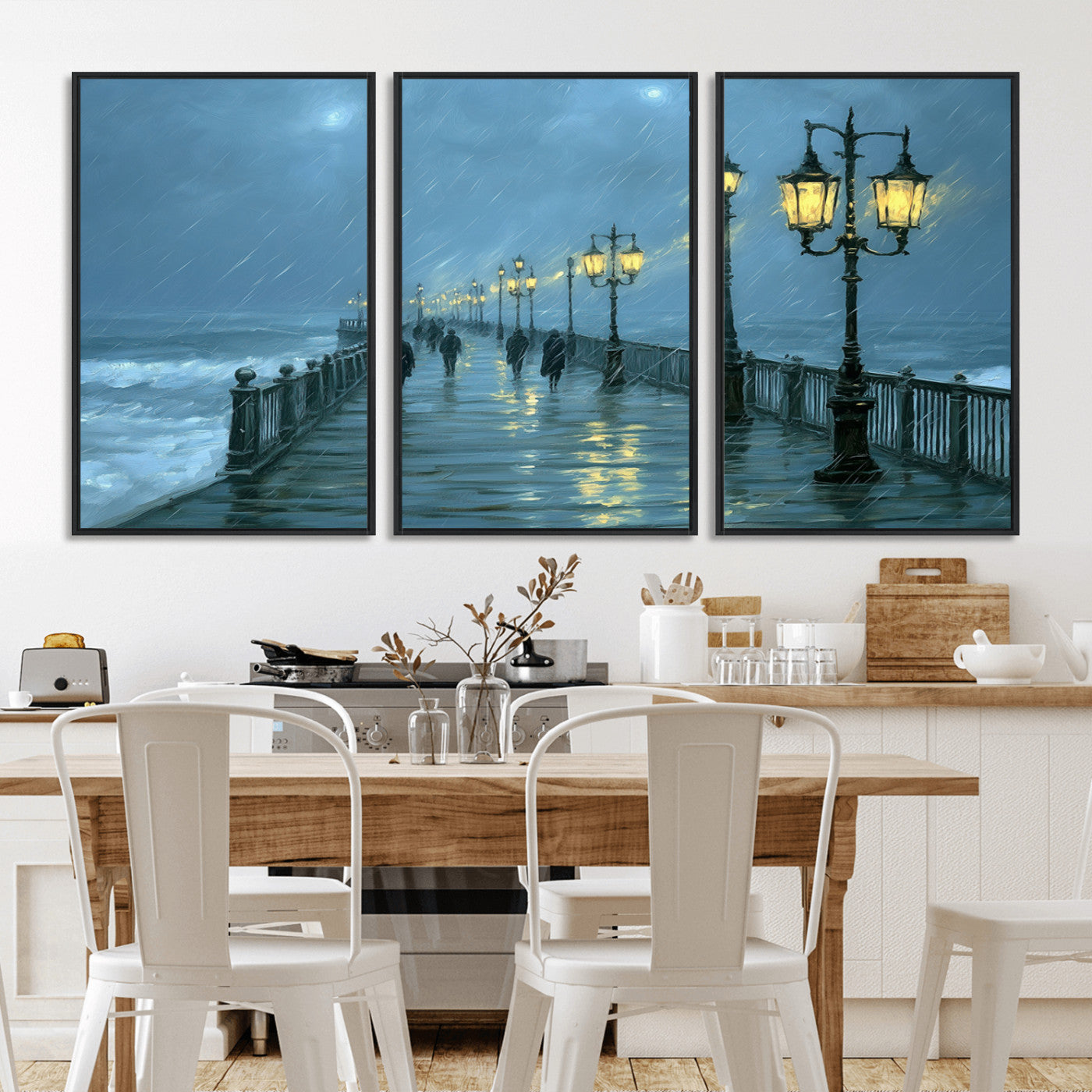 79606-MGV-CV-36X24-Rainy Pier Night Wall Art – Ocean Waves and Street Lamps Canvas Print, Moody Seascape Oil Painting Poster for Living Room,
