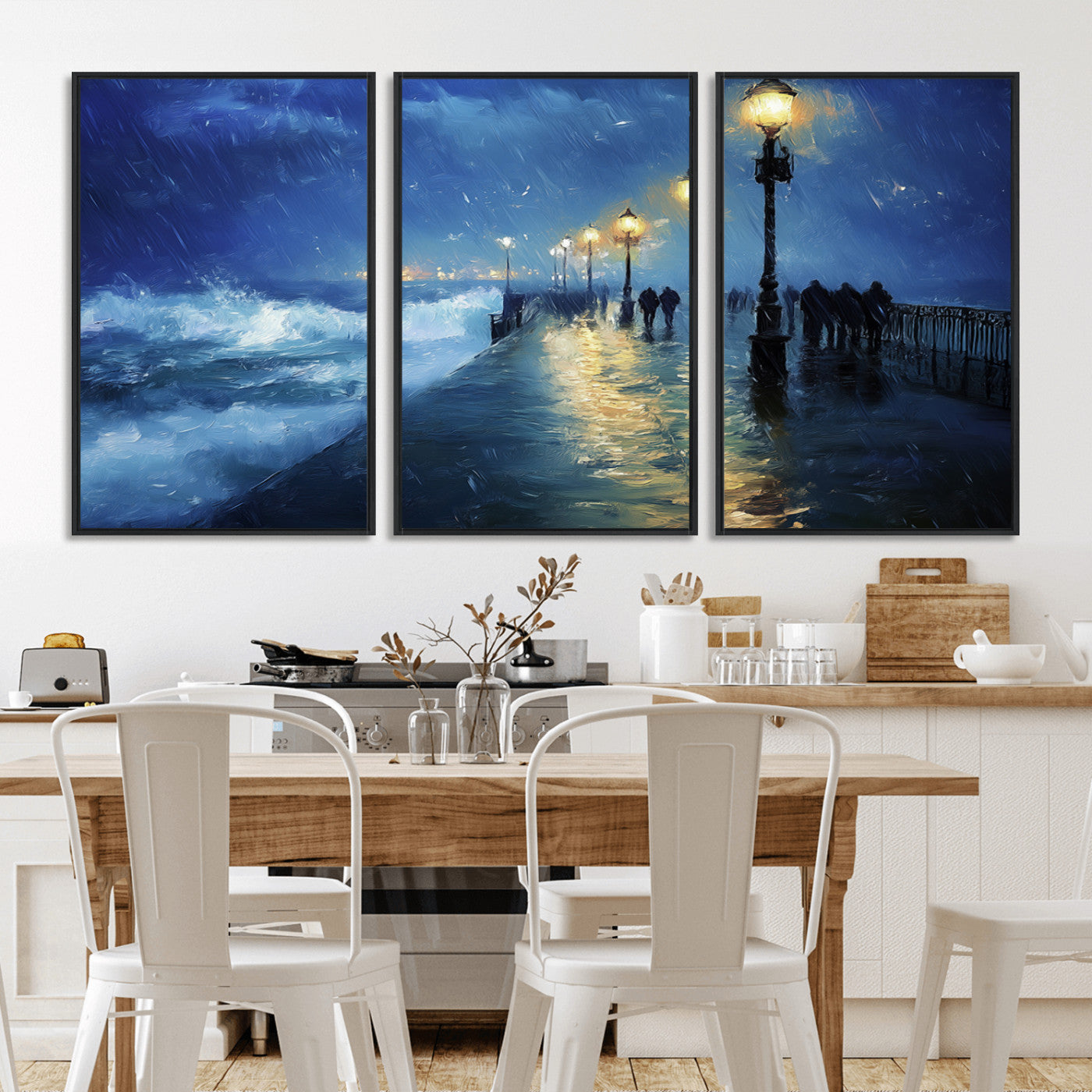 94571-MGV-CV-36X24-Seaside Night Wall Art – Ocean Waves and Street Lamps Canvas Print, Rainy City Pier Oil Painting Poster for Living Room, Bedroom,
