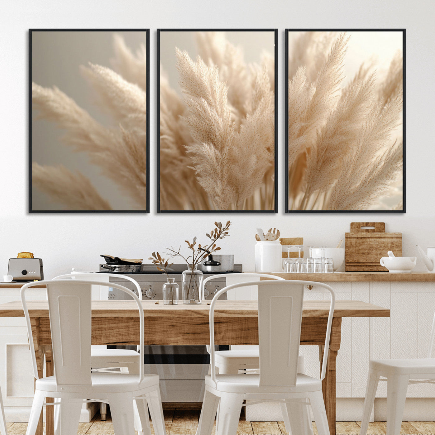 50300-MGV-FC-60X30-3P_Black-Pampas Grass Wall Art Canvas Print, Framed Minimalist Pampas Grass Art Picture Print, Beige Pampas Grass Perfect Minimalist Boho
