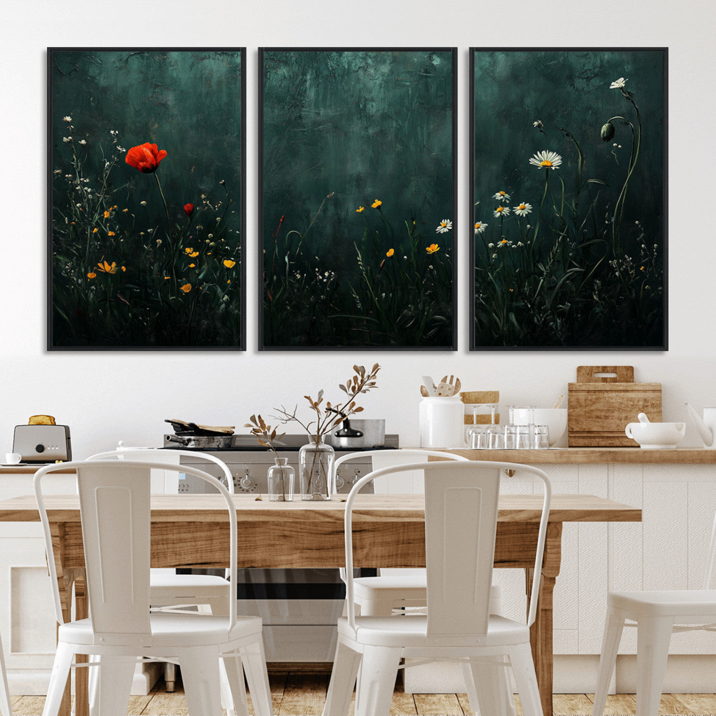 26218-MGV-FC-60X30-3P_Black-Wildflower Wall Art – Dark Botanical Floral Canvas Print, Modern Nature Painting Poster with Daisy Poppy Yellow Flowers for Living