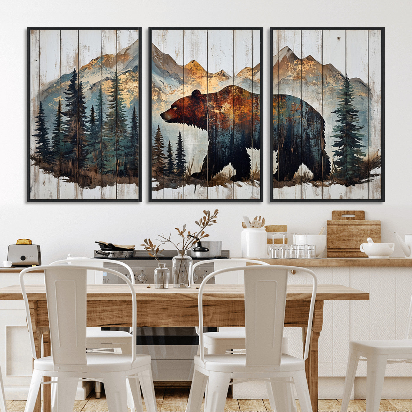 55777-MGV-FC-60X30-3P_Black-Rustic Bear Wall Art Canvas Print, Framed Mountain and Forest Art Picture Print, Wooden Bear Perfect Rustic Lodge Decor Artwork