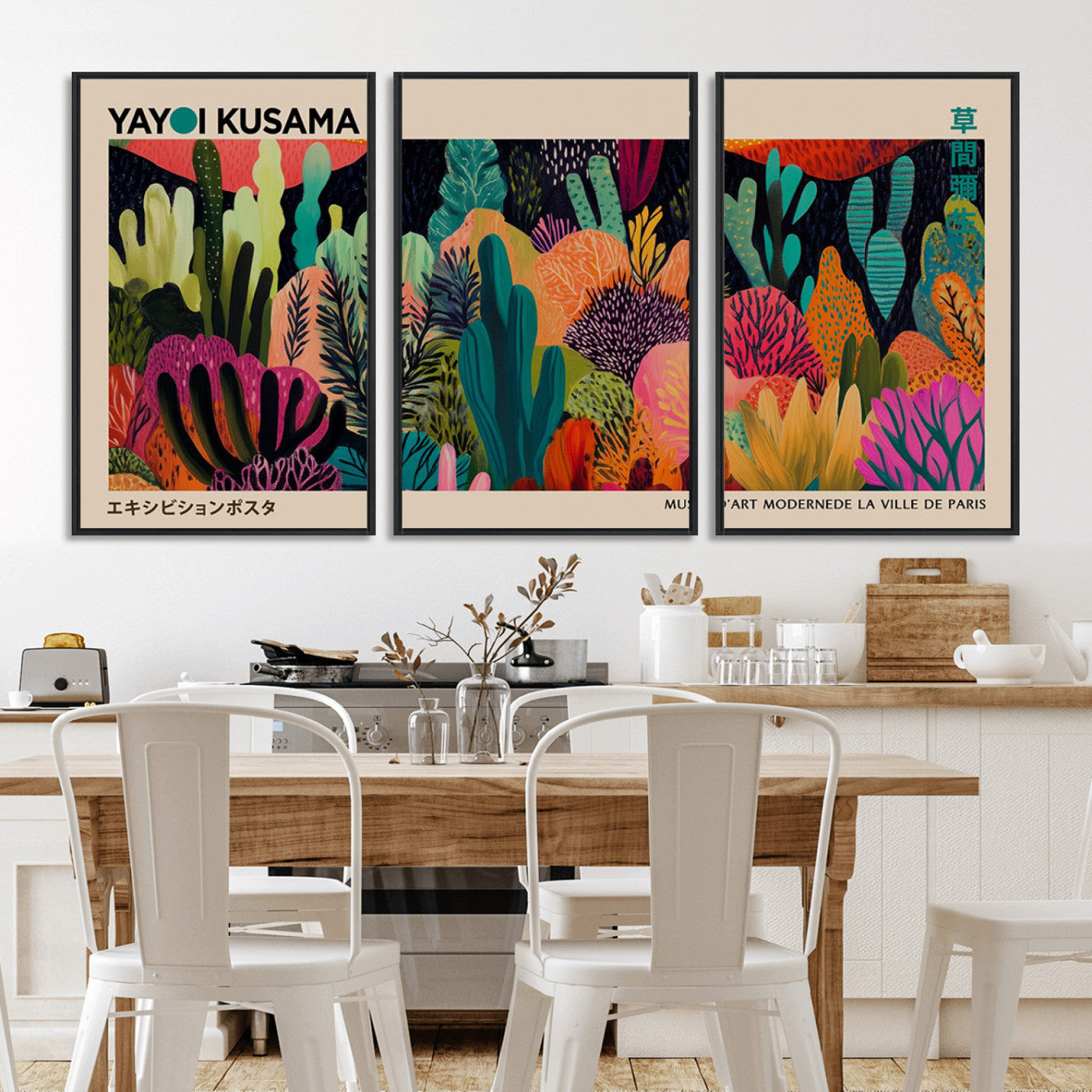 45711-MGV-FC-60X30-3P_Black-Yayoi Kusama Wall Art Canvas Print, Framed Abstract Yayoi Kusama Art Picture Print, Japanese Wabi Sabi Perfect Modern Abstract