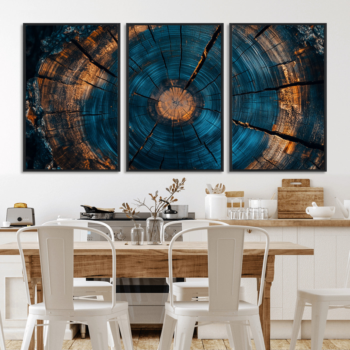 65231-MGV-CV-36X24-Blue and Gold Tree Ring Wall Art – Rustic Abstract Wood Slice Canvas Print, Modern Nature Inspired Artwork for Living Room,