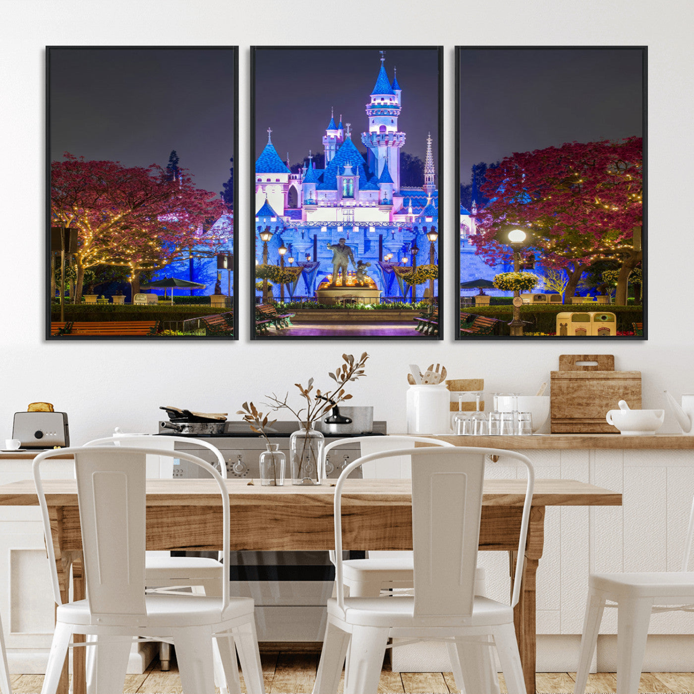 66710-MGV-FC-60X30-3P_Black-Enchanted Castle Wall Art – Magical Night Scene Canvas Print with Glowing Lights, Fantasy Architecture Artwork for Living Room,