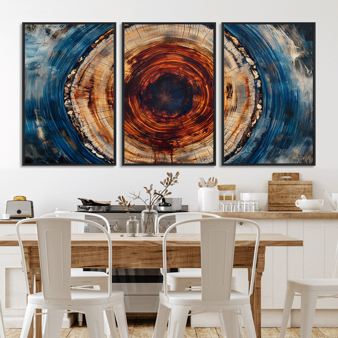 90395-MGV-CV-36X24-Tree Ring Wall Art – Abstract Wood Grain Canvas Print with Fiery Red and Blue Tones, Bold Rustic Nature Inspired Artwork Decor for