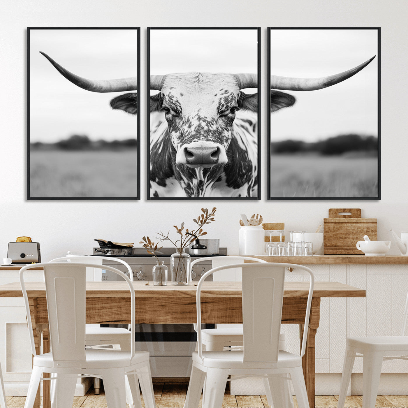 20272-MGV-FC-60X30-3P_Black-Highland Cow Wall Art – Black and White Western Longhorn Canvas Print, Farmhouse Living Room Decor Southwestern Animal Artwork for