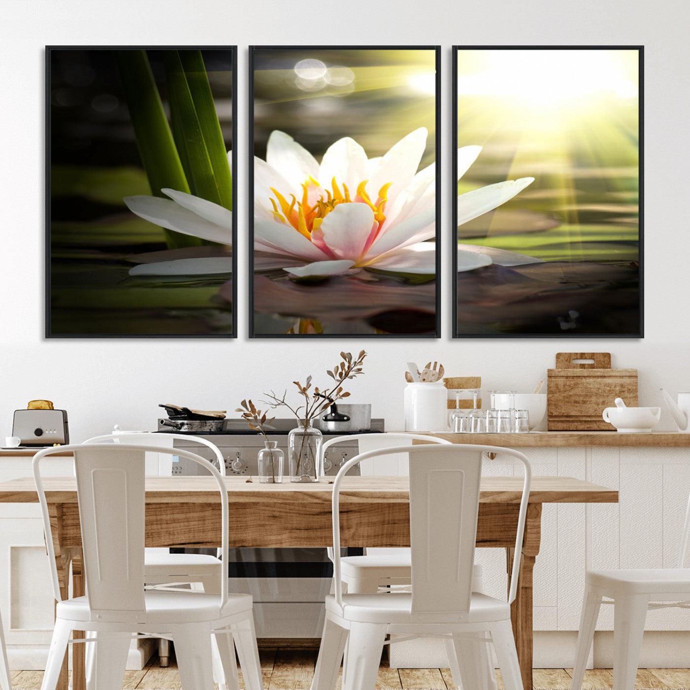 40478-MGV-CV-36X24-Water Lily Wall Art – White Lotus Flower Canvas Print with Sunlight Reflection, Serene Botanical Artwork for Living Room, Bedroom,