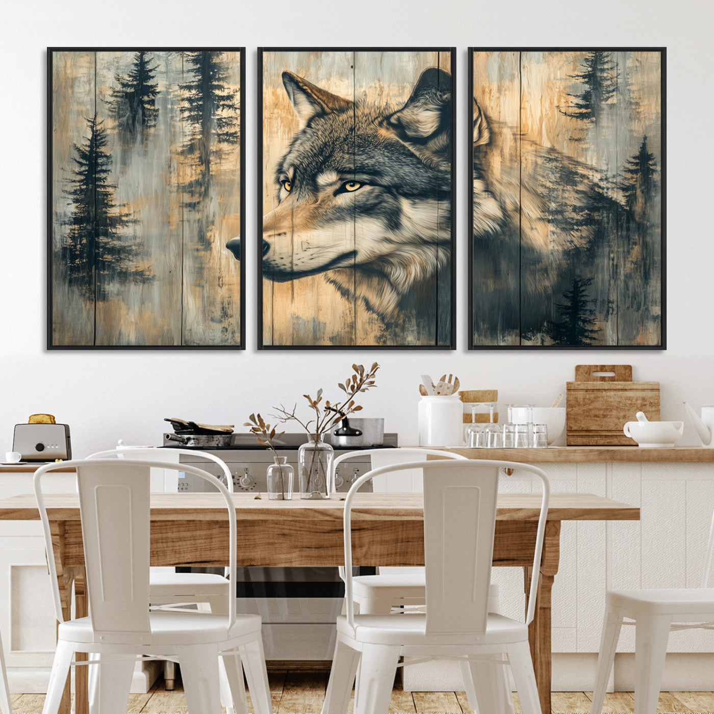 51892-MGV-CV-36X24-Wolf Wall Art – Rustic Canvas Print of Wolf with Forest Trees on Wood Texture, Wildlife Lodge Artwork for Living Room, Bedroom,