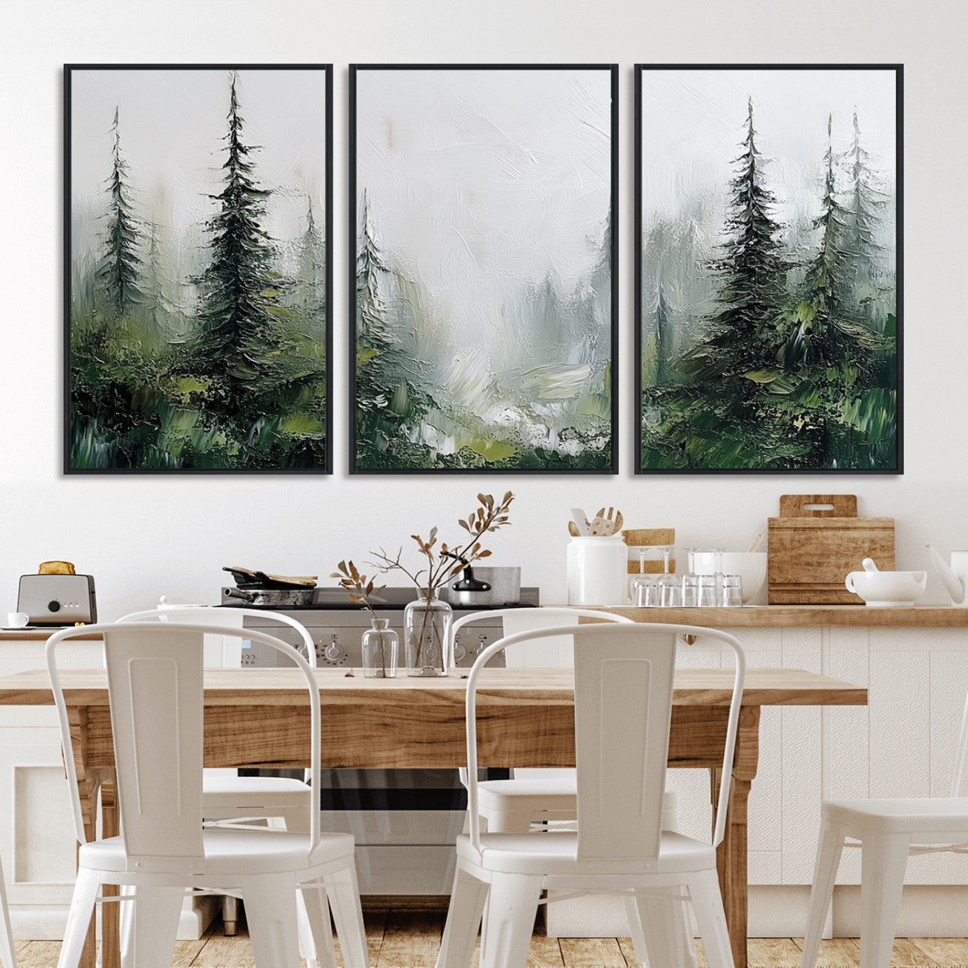76014-MGV-CV-36X24-Forest Wall Art – Textured Canvas Print Featuring Misty Evergreen Pines and Woodland Landscape, Rustic Nature Artwork for Living