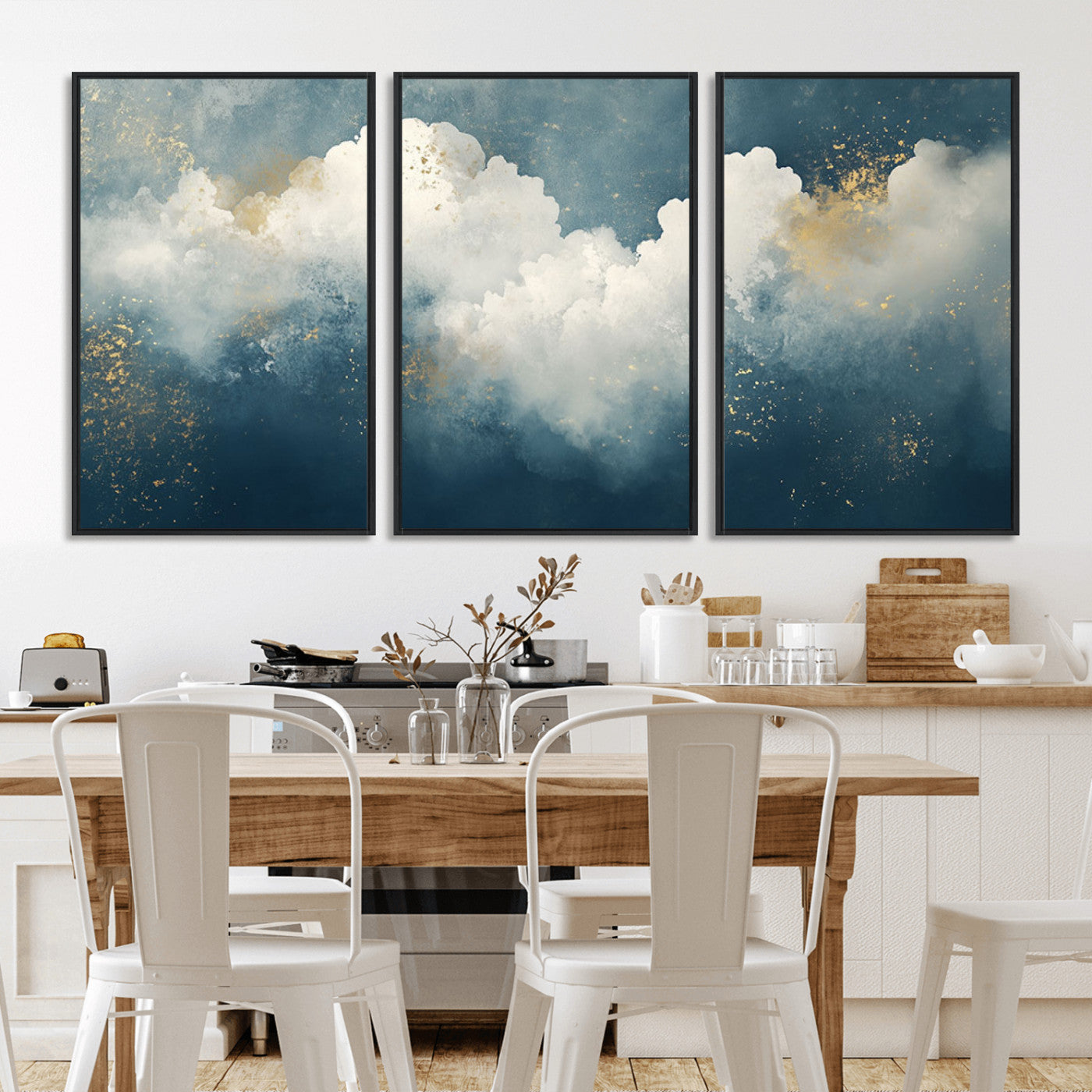 75131-MGV-CV-36X24-Abstract Cloud Wall Art – Modern Canvas Print Featuring Blue and White Clouds with Golden Accents, Contemporary Artwork for Living