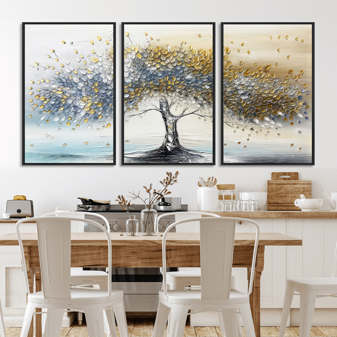 24771-MGV-CV-36X24-Silver Tree Wall Art Canvas Print, Framed Golden Leaves Art Picture Print, Metallic Tree Perfect Minimalist Luxury Decor Artwork