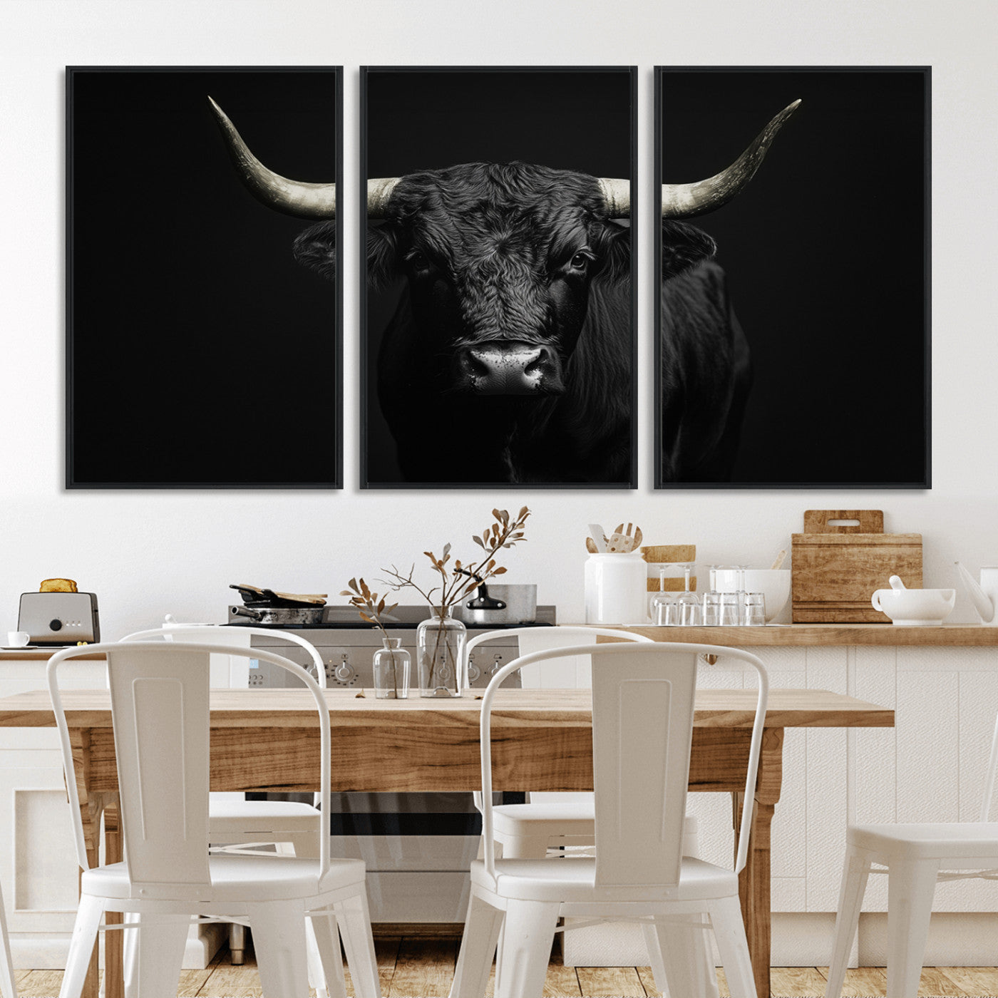 97914921-MGV-CV-36X24-Black Bull Wall Art Canvas Print, Framed Longhorn Bull Art Picture Print, Western Bull Perfect Monochrome Western Decor Artwork