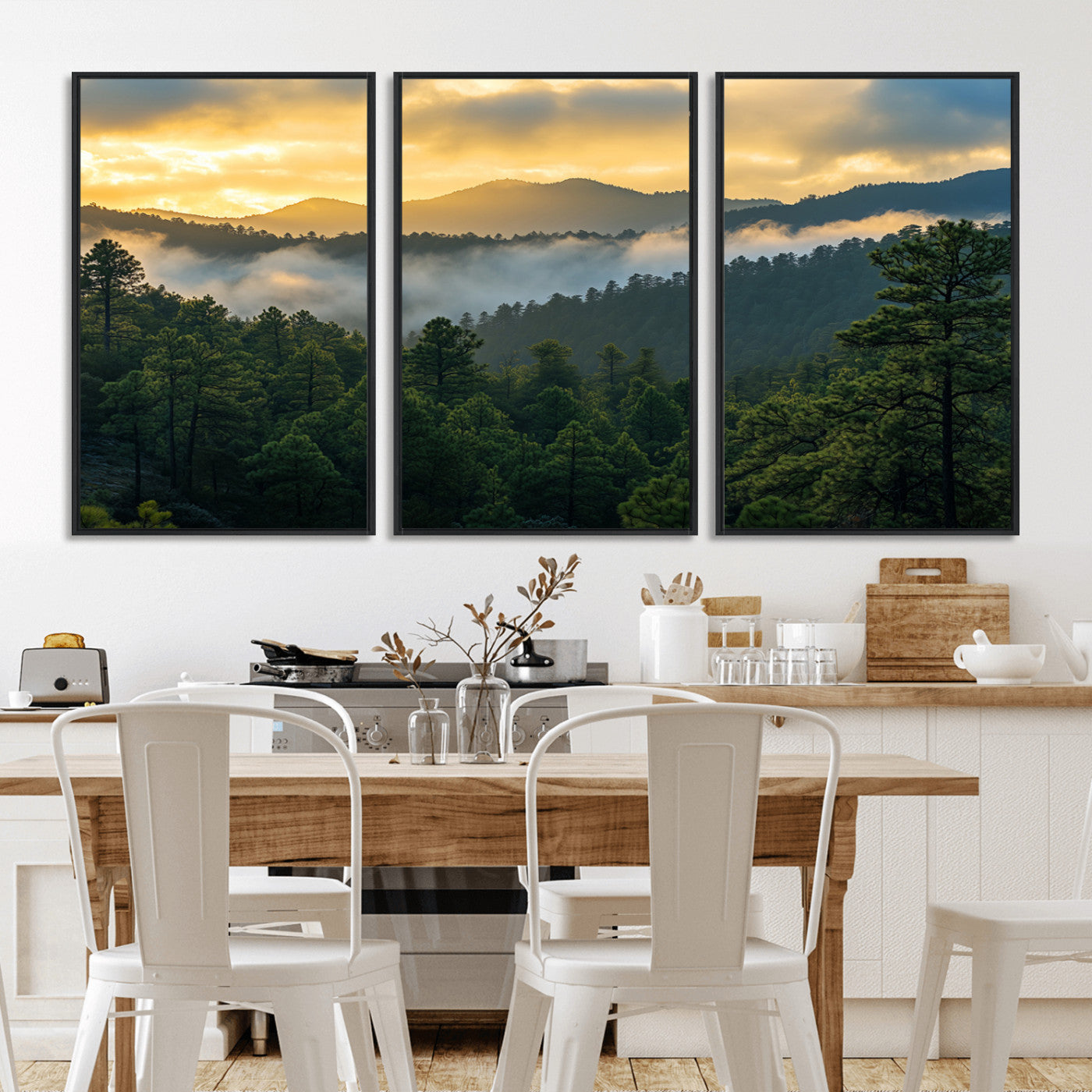 68082278-MGV-CV-36X24-Mountain Sunrise Wall Art Canvas Print, Framed Pine Forest Art Picture Print, Misty Mountains Perfect Earthy Woodland Decor
