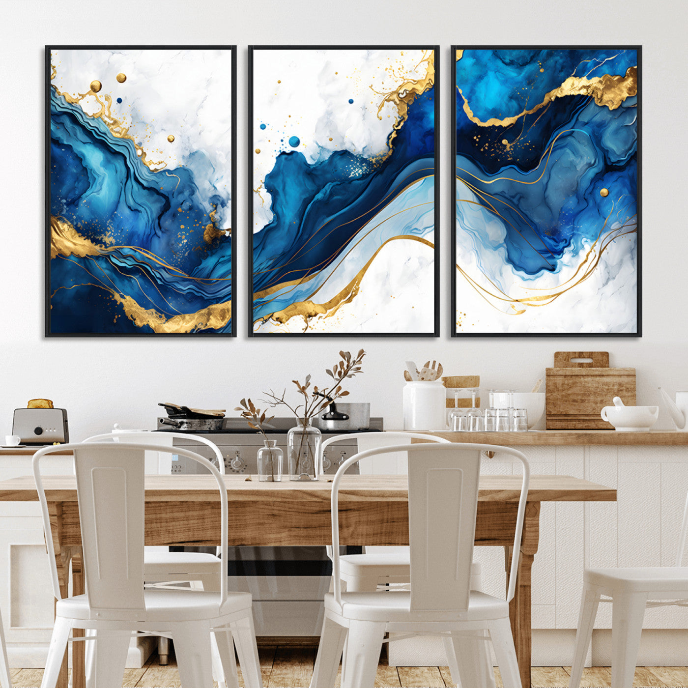 33506371-MGV-CV-36X24-Blue Marble Wall Art Canvas Print, Framed Gold Splash Art Picture Print, Abstract Wave Perfect Modern Luxe Decor Artwork