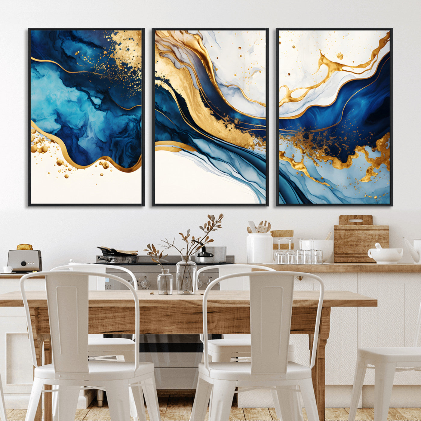 60283636-MGV-FC-60X30-3P_Black-Blue Gold Flow Wall Art Canvas Print, Framed Marble Texture Art Picture Print, Elegant Splash Perfect Elegant Abstract Decor