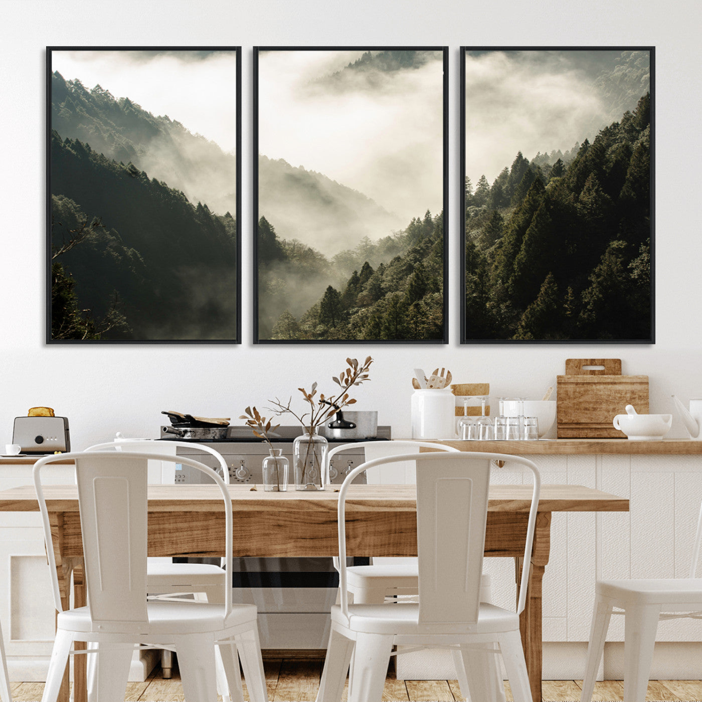 57570237-MGV-CV-36X24-Misty Valley Wall Art Canvas Print, Framed Foggy Forest Art Picture Print, Pine Trees Perfect Moody Woodland Decor Artwork