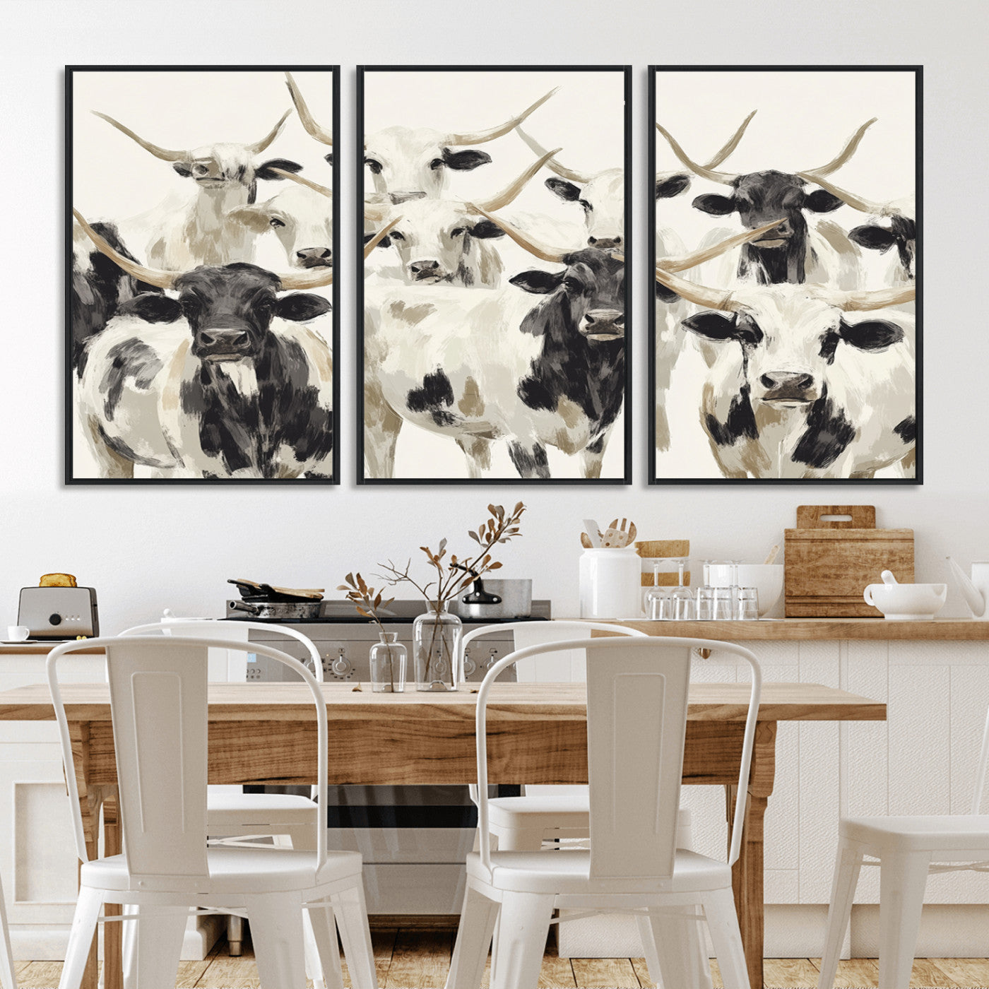 52947970-MGV-FC-60X30-3P_Black-Texas Longhorn Wall Art Canvas Print, Framed Cattle Herd Art Picture Print, Herd Portrait Perfect Modern Farmhouse Decor Artwork