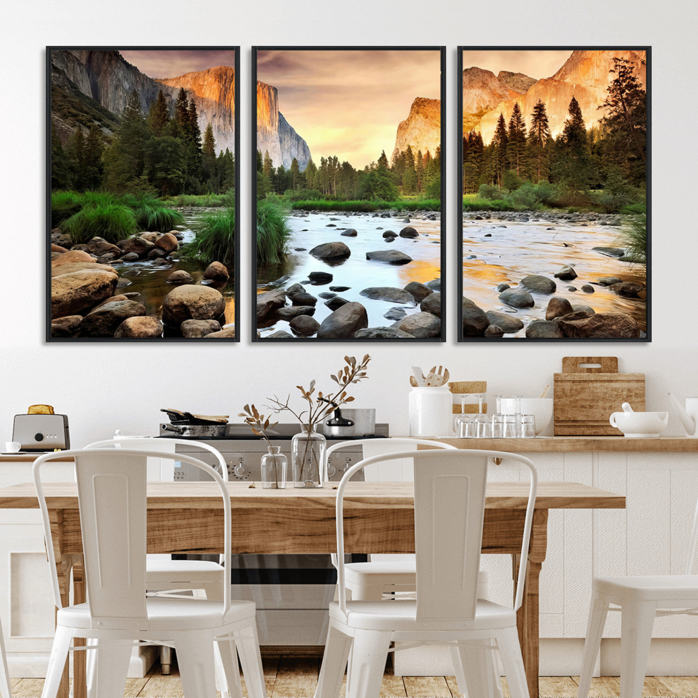 90956031-MGV-FC-60X30-3P_Black-Yosemite Valley Wall Art – Scenic Mountain River Landscape Canvas Print, Nature Photography for Living Room, Bedroom, Cabin,