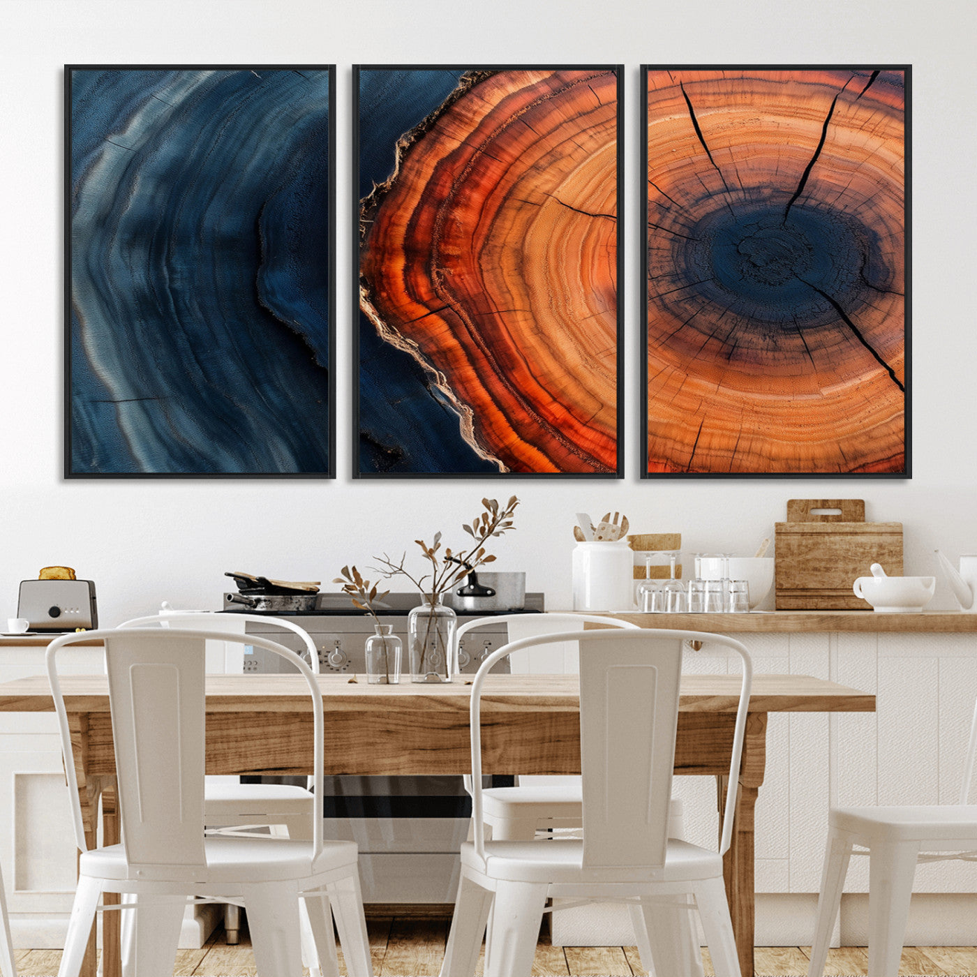 57732250-MGV-FC-60X30-3P_Black-Tree Ring Abstract Wall Art – Blue Orange Wood Grain Canvas Print, Modern Rustic Nature Artwork for Living Room, Office,