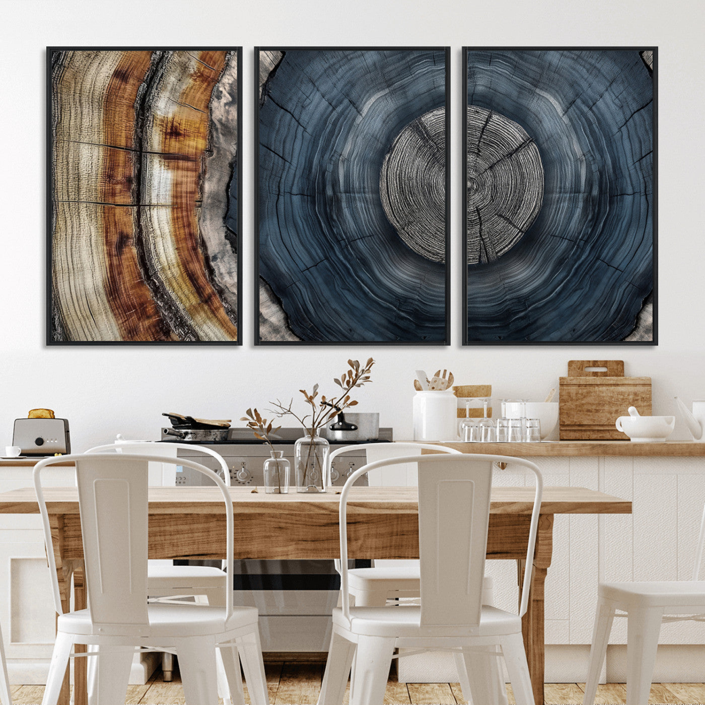 91368647-MGV-CV-36X24-Smoky Blue Tree Ring Wall Art – Rustic Wood Cross Section Canvas Print, Modern Nature Inspired Decor for Living Room, Office, or