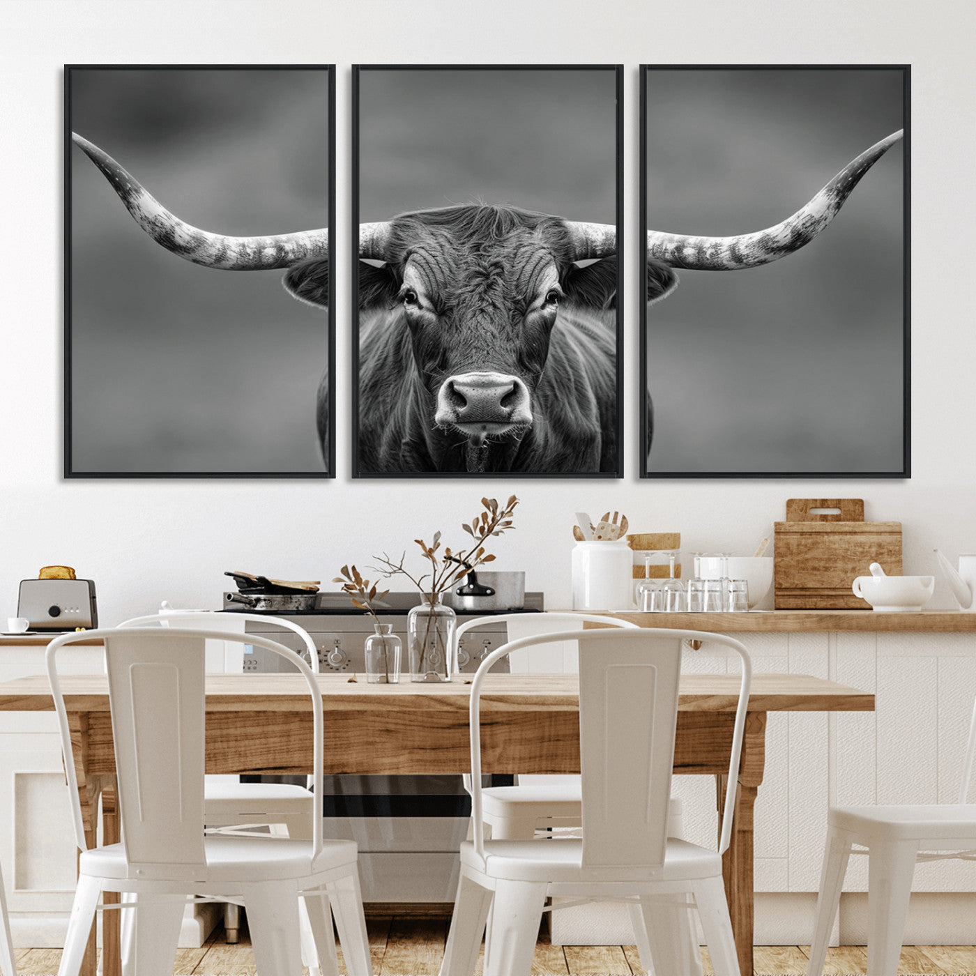 81228550-MGV-FC-60X30-3P_Black-Framed Texas Longhorn Bull Art Canvas Print, Western Bull Wall Art Print, Long Horn Bull Photo Print for Log Cabin, Large Bull
