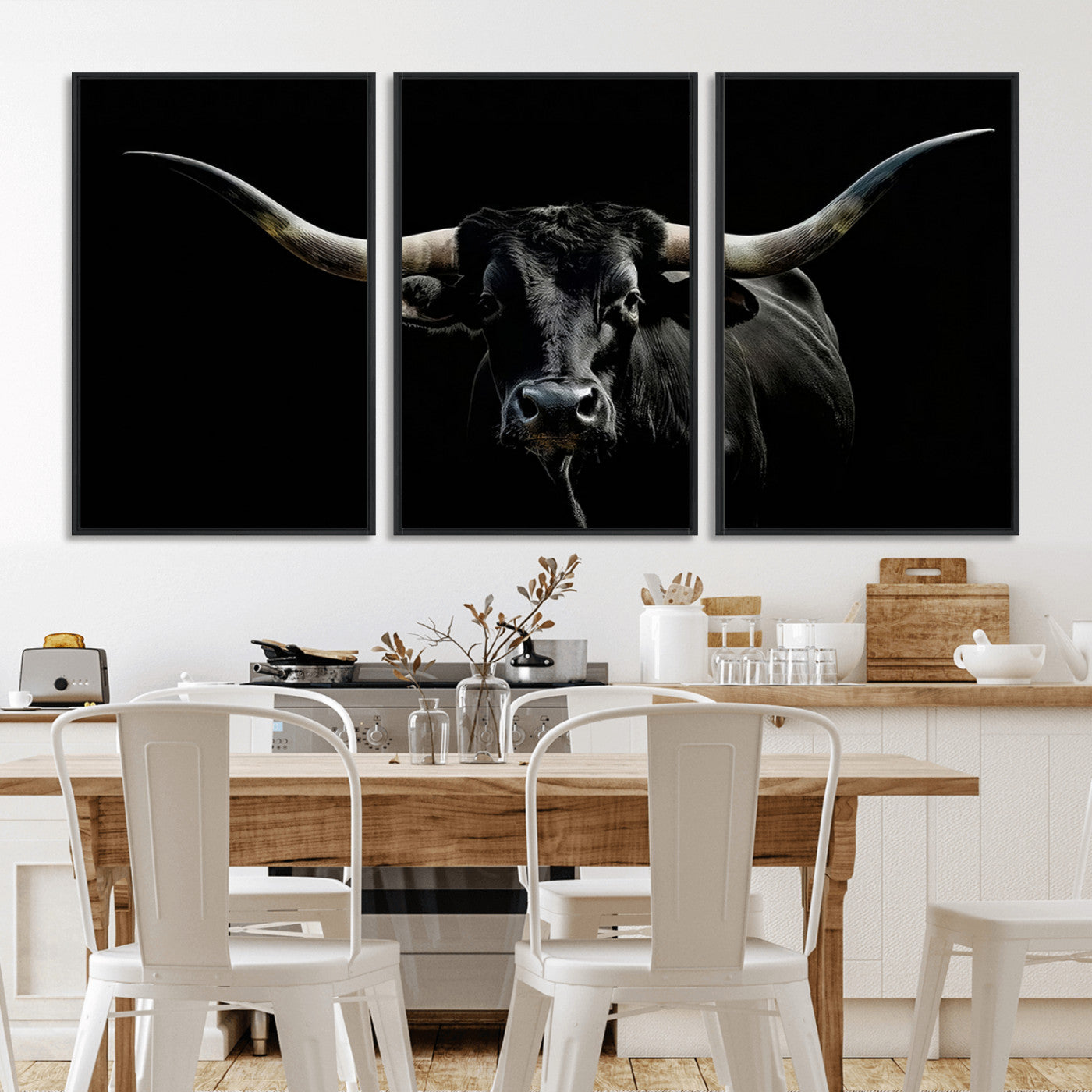 37531960-MGV-CV-36X24-Black Longhorn Bull Wall Art – Dramatic Western Cattle Canvas Print, Rustic Farmhouse Animal Artwork for Living Room, Bedroom,