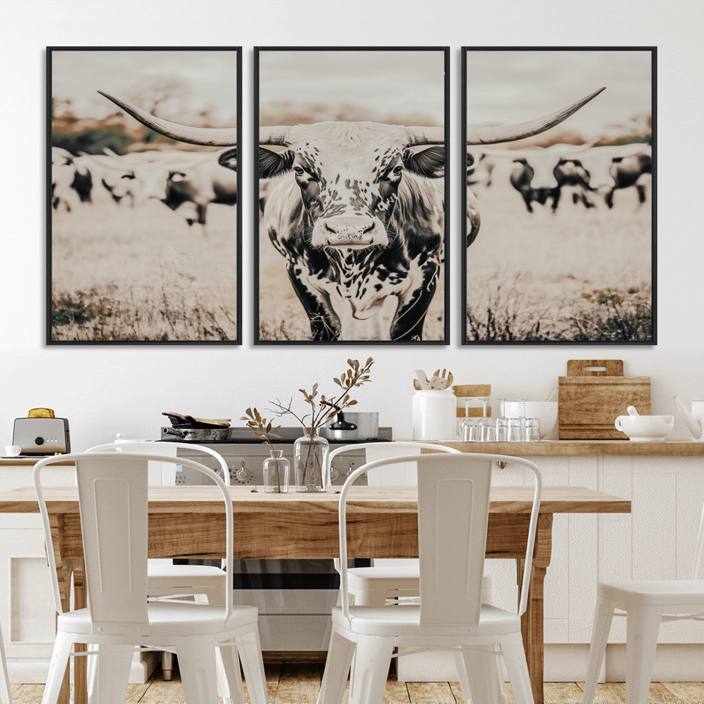 27497342-MGV-FC-60X30-3P_Black-Texas Longhorn Wall Art Canvas Print, Framed Speckled Cow Art Picture Print, Horned Cattle Perfect Rustic Western Decor Artwork