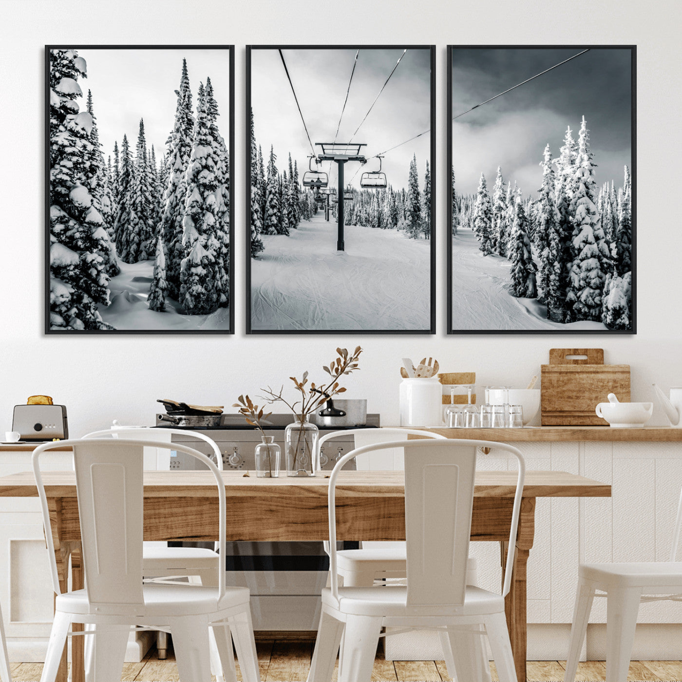 31156828-MGV-FC-60X30-3P_Black-Snowy Pines Wall Art Canvas Print, Framed Ski Lift Art Picture Print, Winter Forest Perfect Moody Lodge Decor Artwork