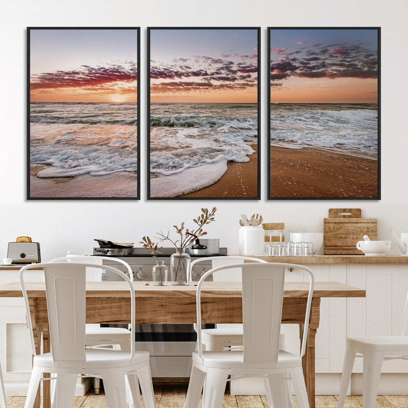 39846389-MGV-FC-60X30-3P_Black-Ocean Sunset Wall Art Canvas Print, Framed Sandy Shore Art Picture Print, Gentle Waves Perfect Minimalist Coastal Decor Artwork