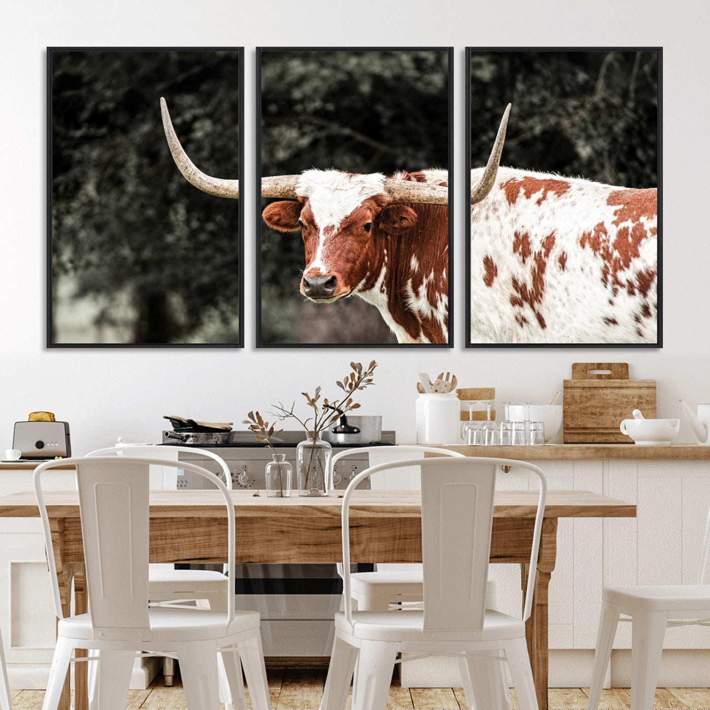 54027638-MGV-CV-36X24-Texas Longhorn Wall Art Canvas Print, Framed Spotted Cow Art Picture Print, Horned Bull Perfect Rustic Western Decor Artwork