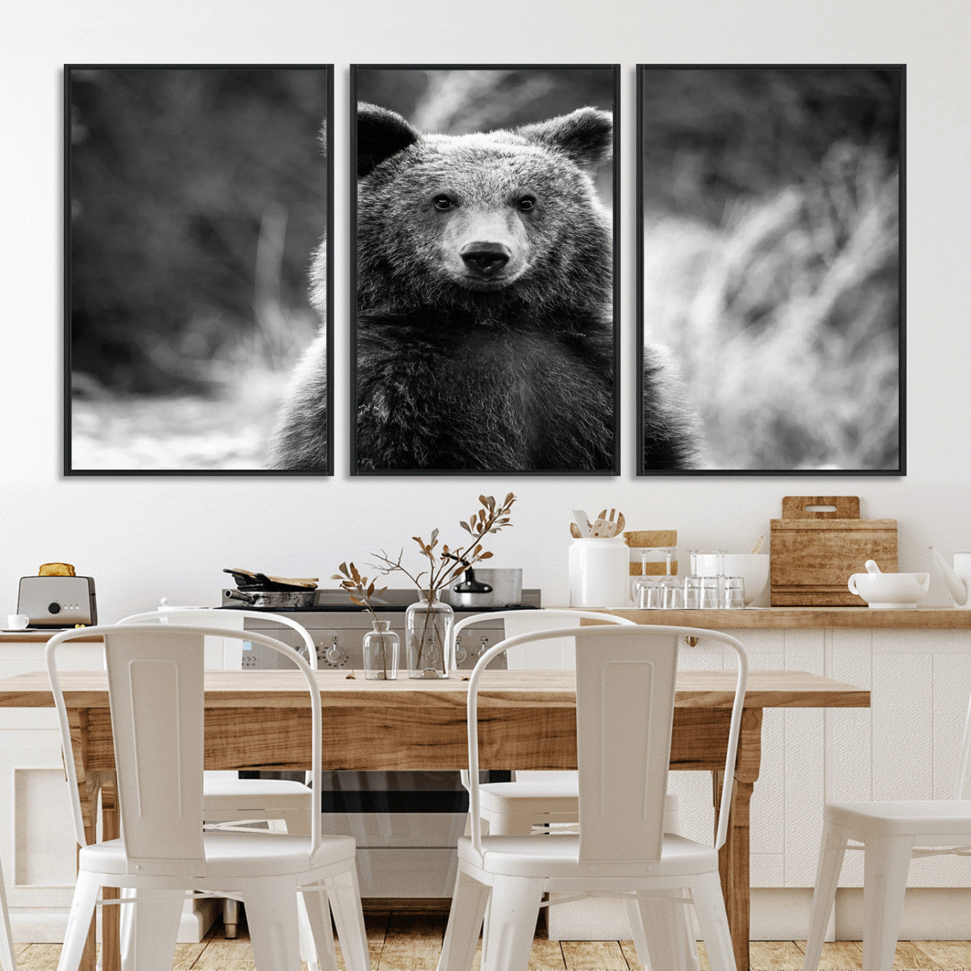 MGV-FC-60X30-3P - Grizzly Bear Wall Art Canvas Print, Framed Black White Bear Art Picture Print, Wild Bear Perfect Rustic Wildlife Decor Artwork