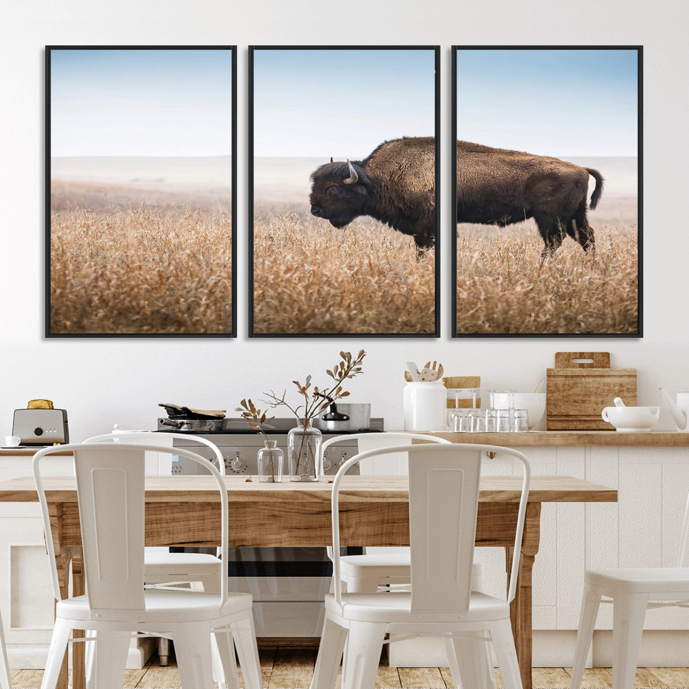 91267849-MGV-FC-60X30-3P_Black-Wild Bison Wall Art Canvas Print, Framed Bison in Prairie Art Picture Print, Rustic Western Perfect Rustic Western Decor Artwork