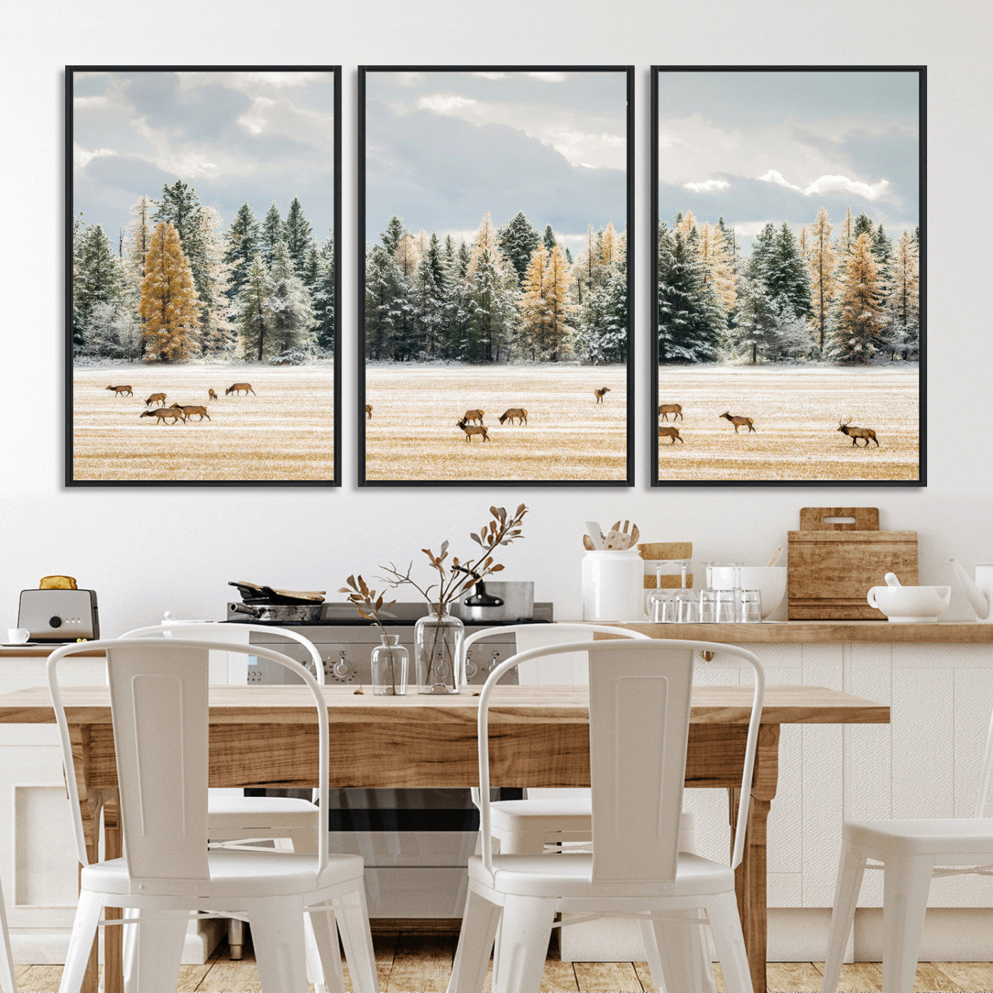 64188182-MGV-CV-36X24-Elk Herd Wall Art Canvas Print, Framed Snowy Forest Art Picture Print, Forest Elks Perfect Neutral Rustic Decor Artwork