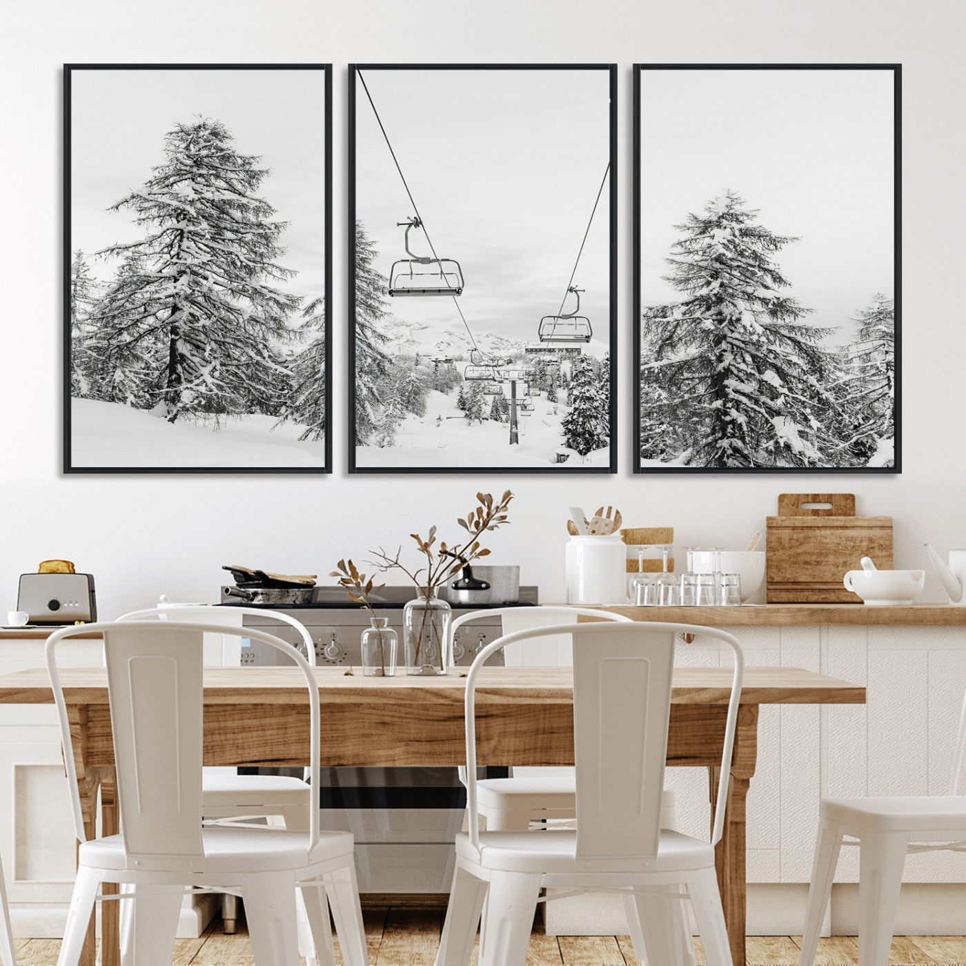 55003599-MGV-CV-36X24-Snowy Ski Lift Wall Art Canvas Print, Framed Winter Forest Art Picture Print, Ski lift Ride Perfect Winter Lodge Decor Artwork