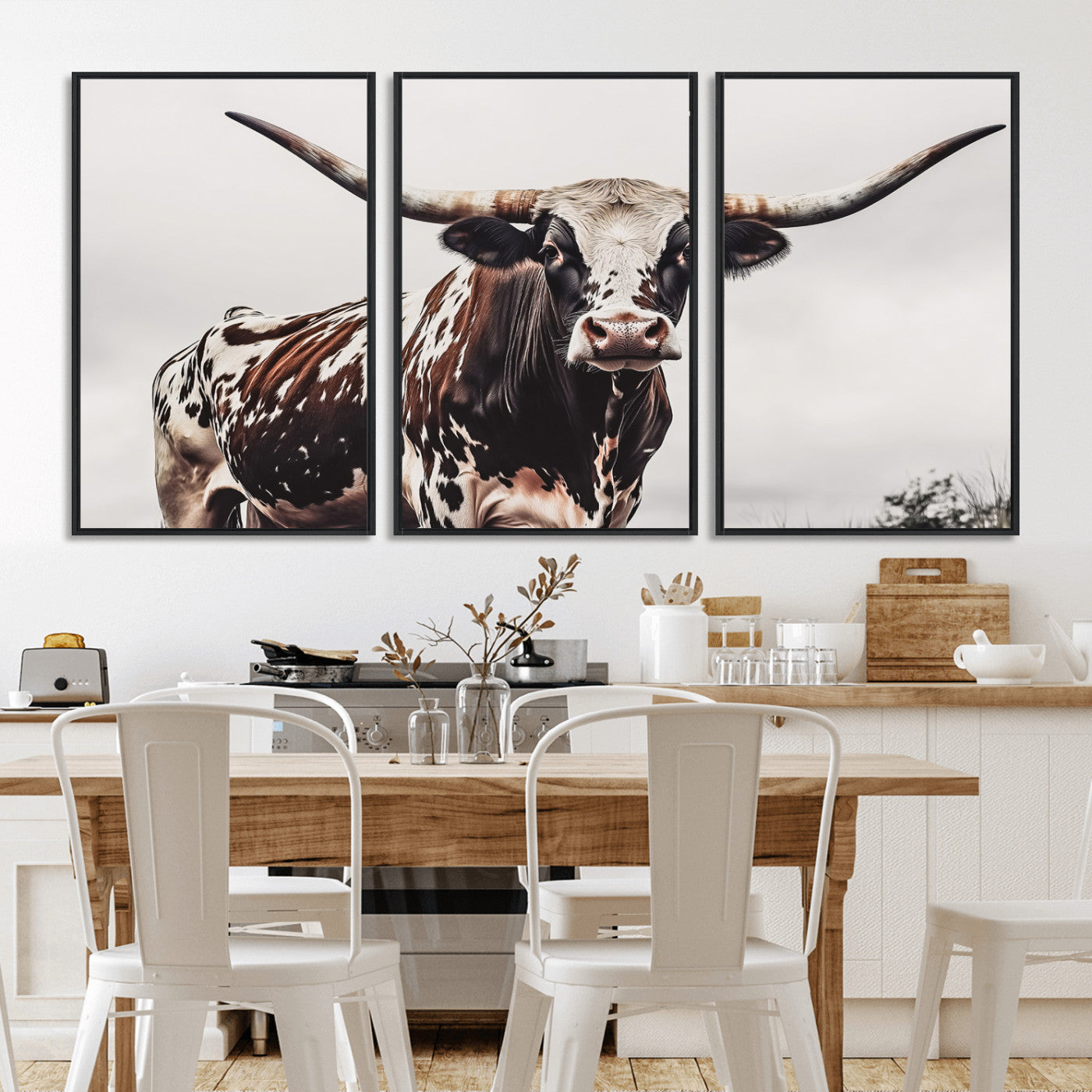 95249234-MGV-CV-36X24-Texas Longhorn Wall Art Canvas Print, Framed Spotted Bull Art Picture Print, Horned Cattle Perfect Rustic Farmhouse Decor Artwork