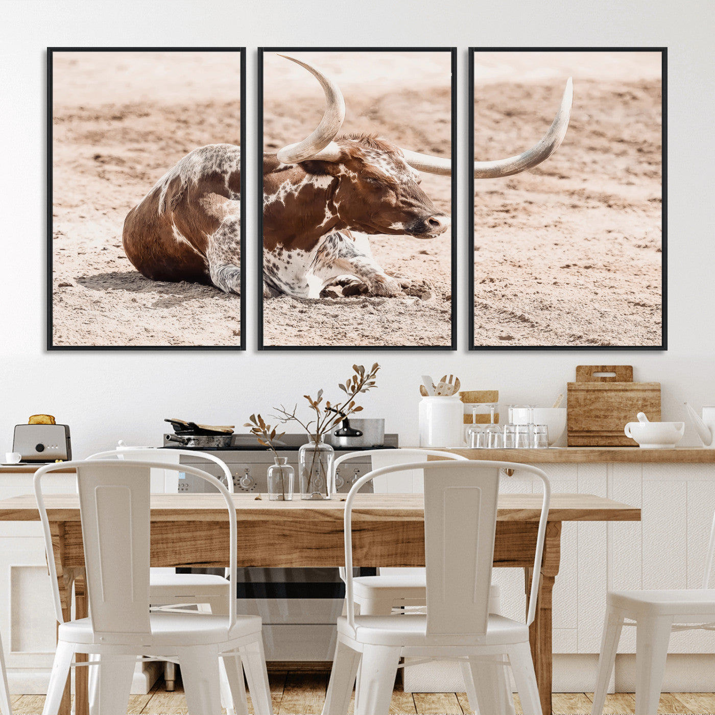 25407592-MGV-FC-60X30-3P_Black-Texas Longhorn Wall Art Canvas Print, Framed Resting Bull Art Picture Print, Spotted Cattle Perfect Rustic Western Decor Artwork