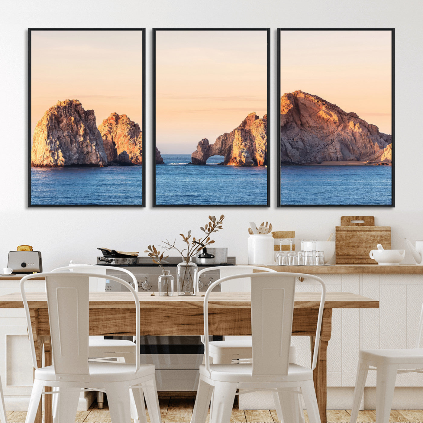72996116-MGV-FC-60X30-3P_Black-El Arco Wall Art Canvas Print, Framed Cabo Rocks Art Picture Print, Ocean Arch Perfect Golden Coastal Landmark Decor Artwork