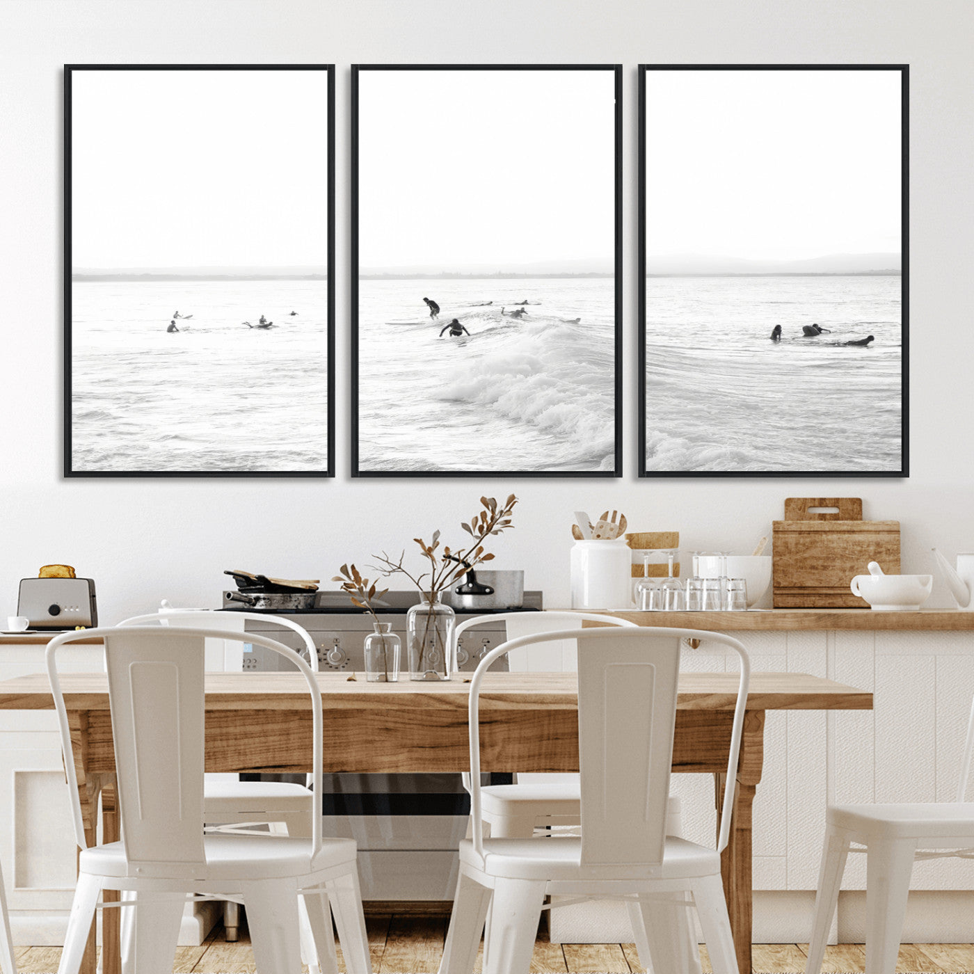 33449548-MGV-FC-60X30-3P_Black-Group Surfers Wall Art Canvas Print, Framed Ocean Wave Art Picture Print, Surf Crowd Perfect Monochrome Surf Decor Artwork