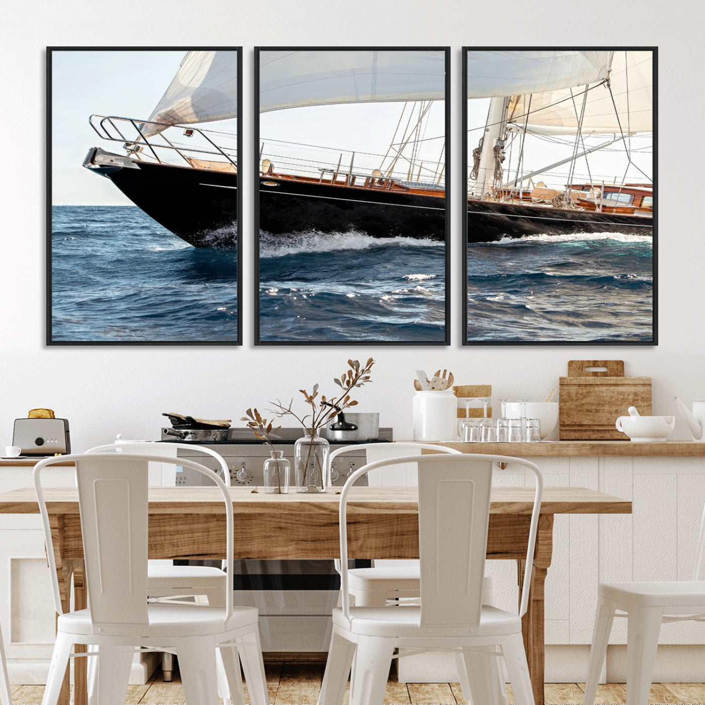 97168626-MGV-FC-60X30-3P_Black-Sailing Yacht Wall Art Canvas Print, Framed Wooden Yacht Art Picture Print, Ocean Waves Perfect Nautical Coastal Decor Artwork