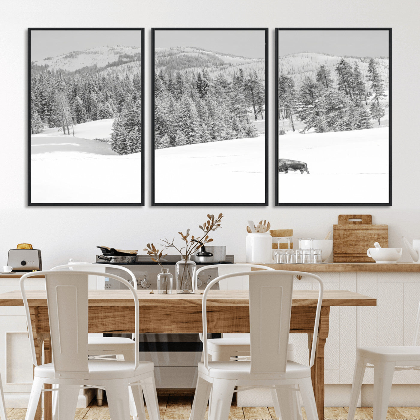68081143-MGV-CV-36X24-Snowy Bison Wall Art Canvas Print, Framed Winter Forest Art Picture Print, Lone Bison Perfect Monochrome Winter Wild Decor Artwork