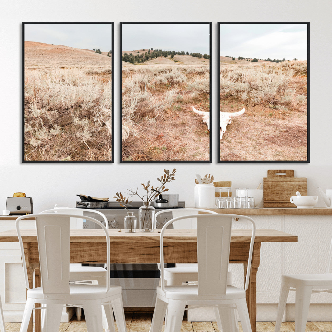 97234735-MGV-FC-60X30-3P_Black-Rustic Bones Wall Art Canvas Print, Framed Desert Sage Art Picture Print, Prairie Skull Perfect Minimal Rustic Decor Artwork