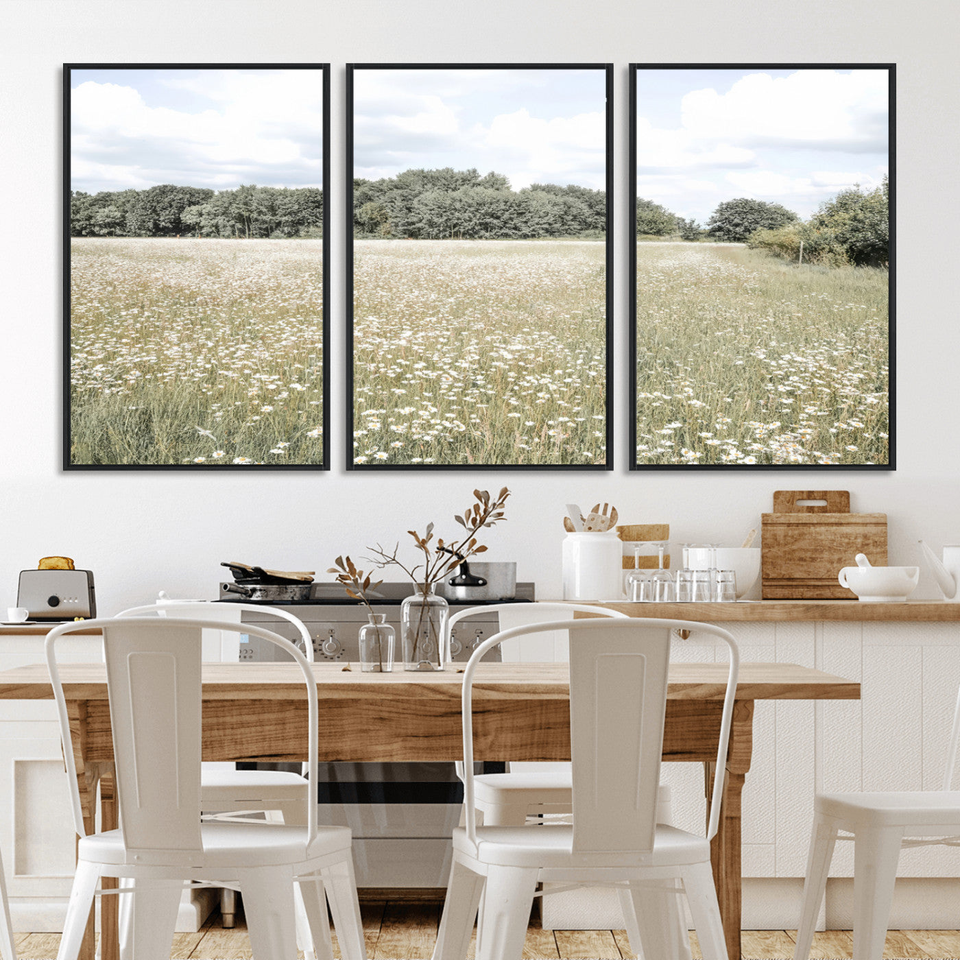 43258946-MGV-FC-60X30-3P_Black-Daisy Field Wall Art Canvas Print, Framed Pastel Flower Art Picture Print, Meadow Bloom Perfect Scandinavian Minimalist Decor
