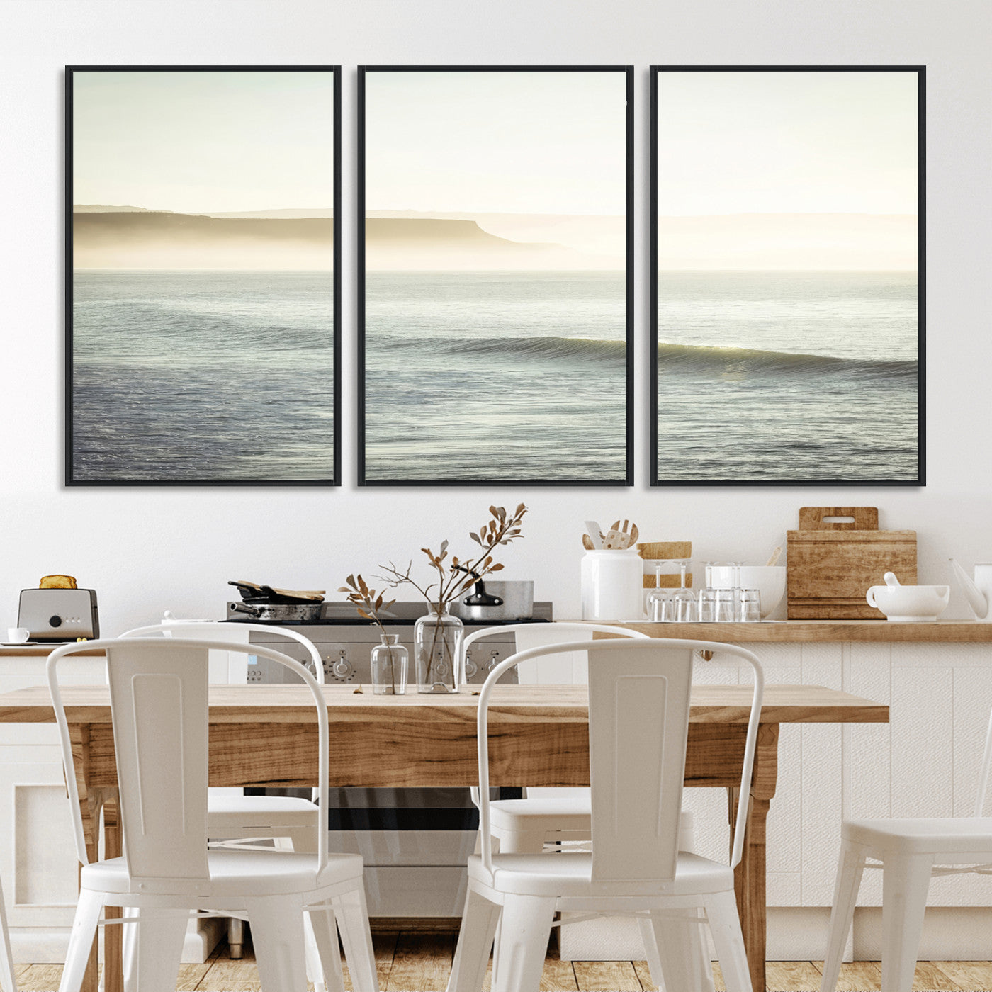 39310633-MGV-FC-60X30-3P_Black-Coastal Cliffs Wall Art Canvas Print, Framed Misty Ocean Art Picture Print, Morning Light Perfect Minimalistic Coastal Decor