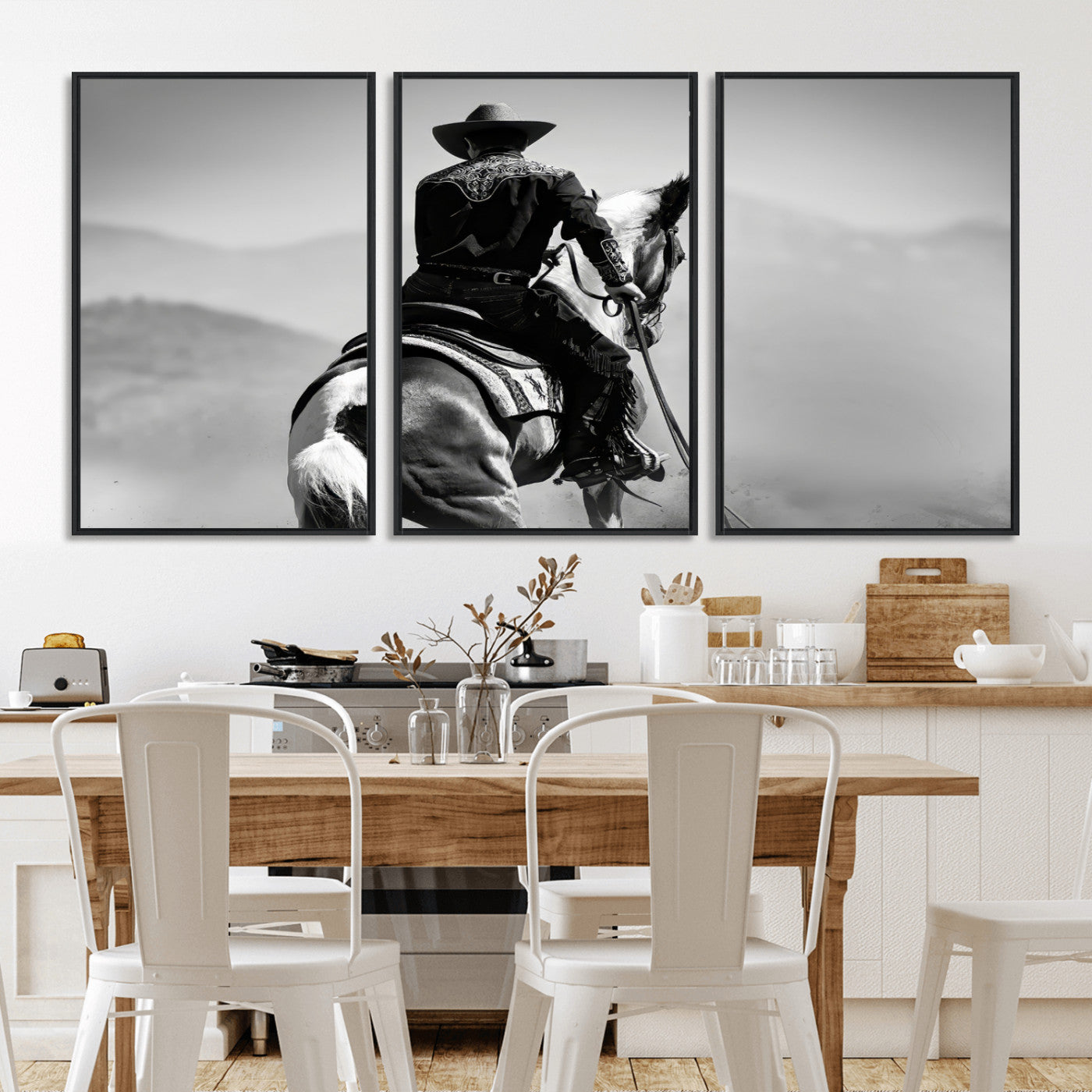 83102464-MGV-FC-60X30-3P_Black-Western Cowboy Wall Art Canvas Print, Framed Monochrome Horse Art Picture Print, Western Equestrian Perfect Rustic Western Decor