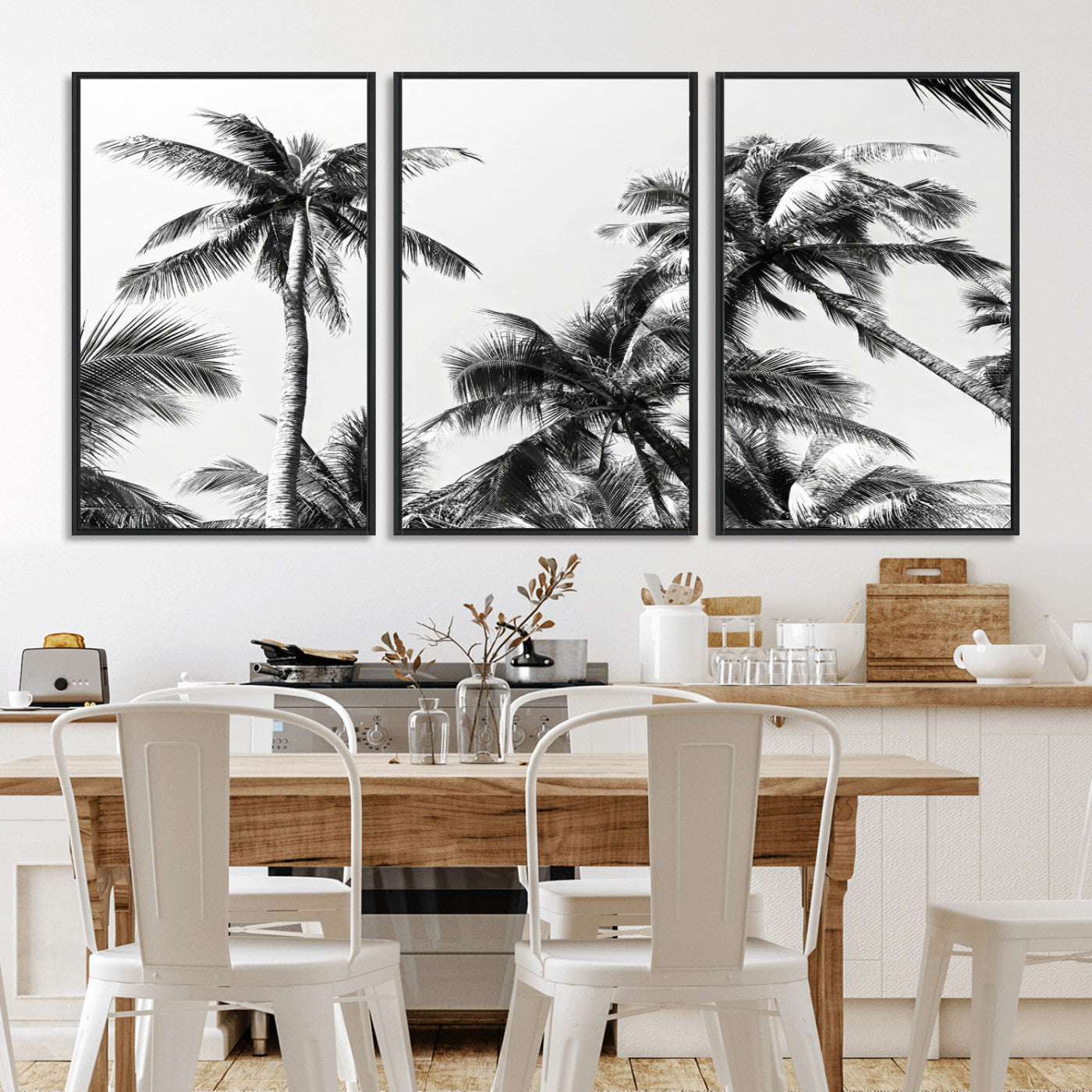 46641801-MGV-FC-60X30-3P_Black-Palm Tree Wall Art Canvas Print, Framed Black White Tropics Art Picture Print, Monochrome Palms Perfect Modern Tropical Minimalist